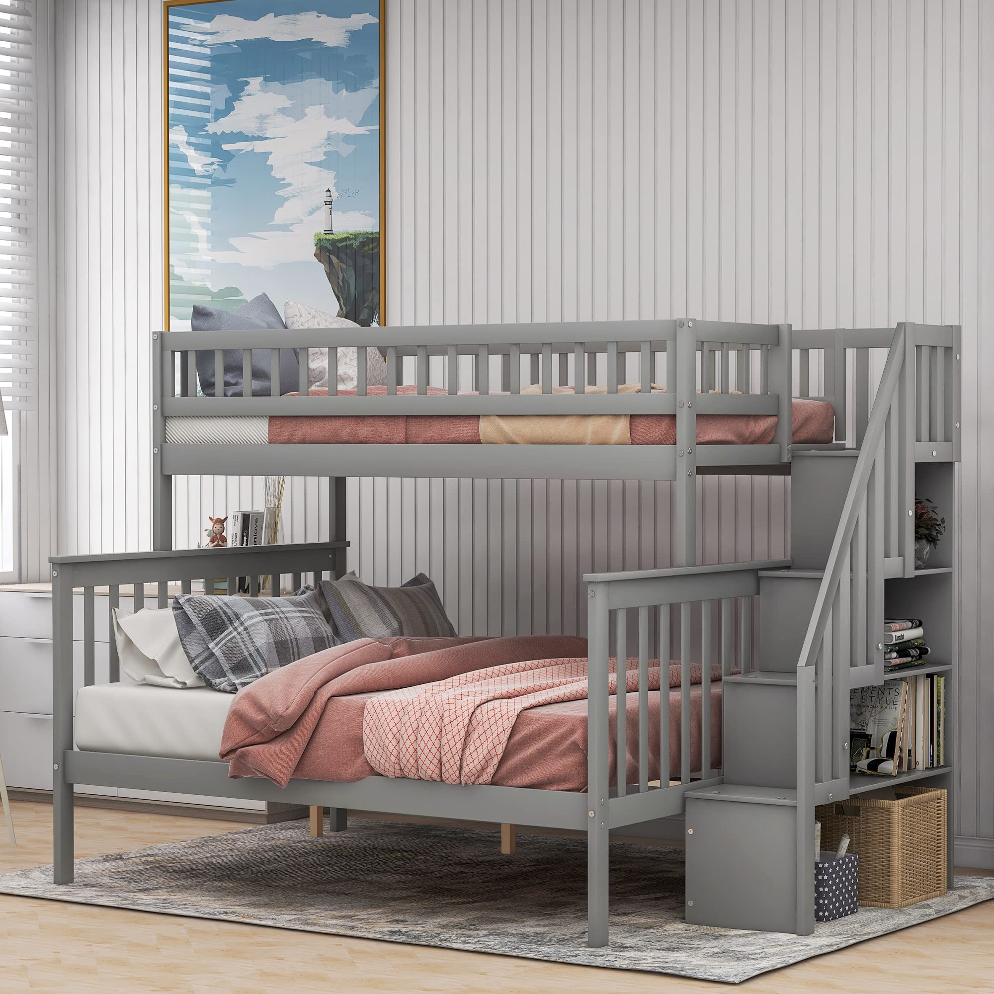 Harper & Bright Designs Twin Over Full Bunk Bed with Stairs - Sturdy Wooden Bunk Bed Frame with Storage Shelves, No Box Spring Needed - Space-Saving Kids & Teens Bedroom Furniture (Grey) - Perfect for Small Rooms, Shared Bedrooms & Vacation Homes