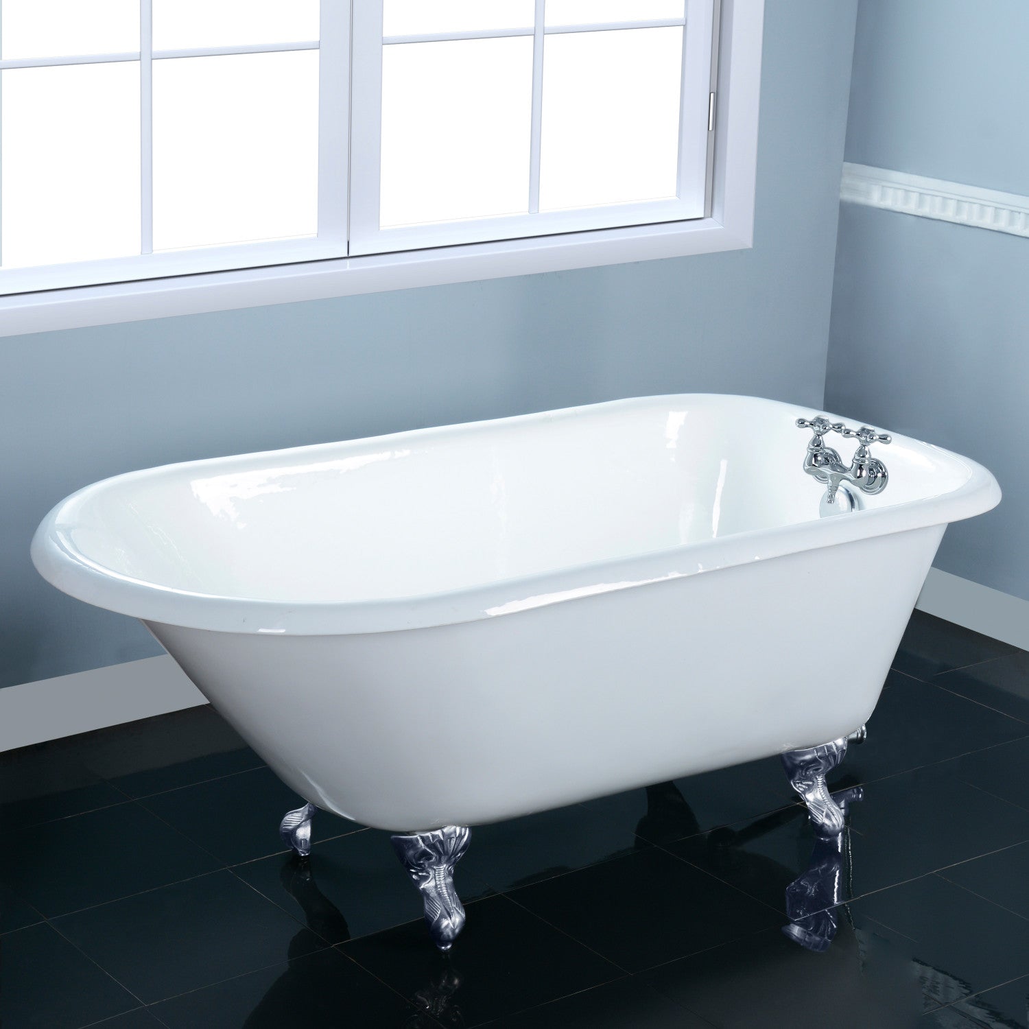 Aqua Eden 54 Inch White Clawfoot Bathtub - Cast Iron Oval Roll Top Tub with Polished Chrome Feet & 3 3/8