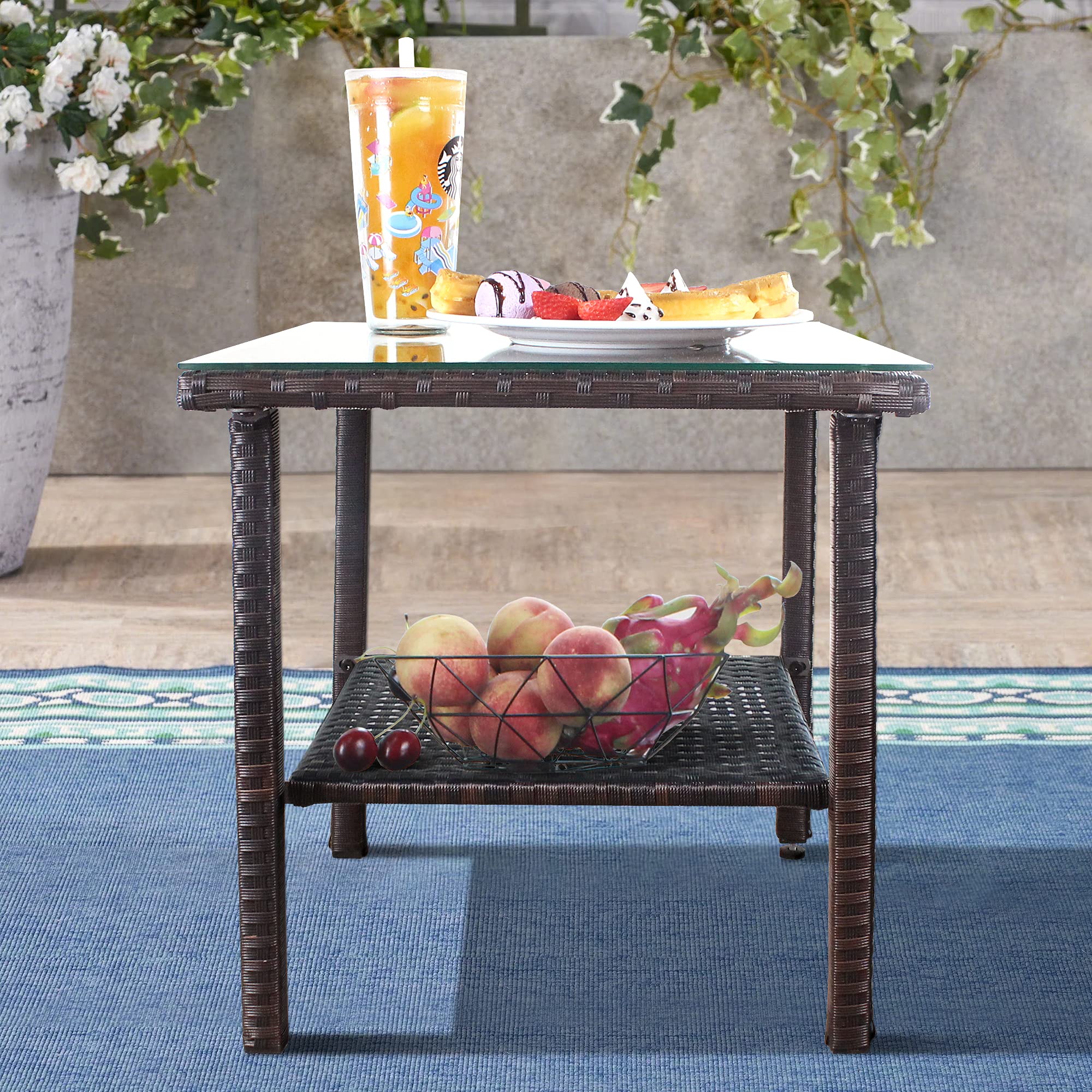 Brown PE Rattan Mix Square Patio Side Table - Indoor/Outdoor Coffee & Tea Table for Balcony, Garden, and Living Room - Perfect for Relaxing & Entertaining