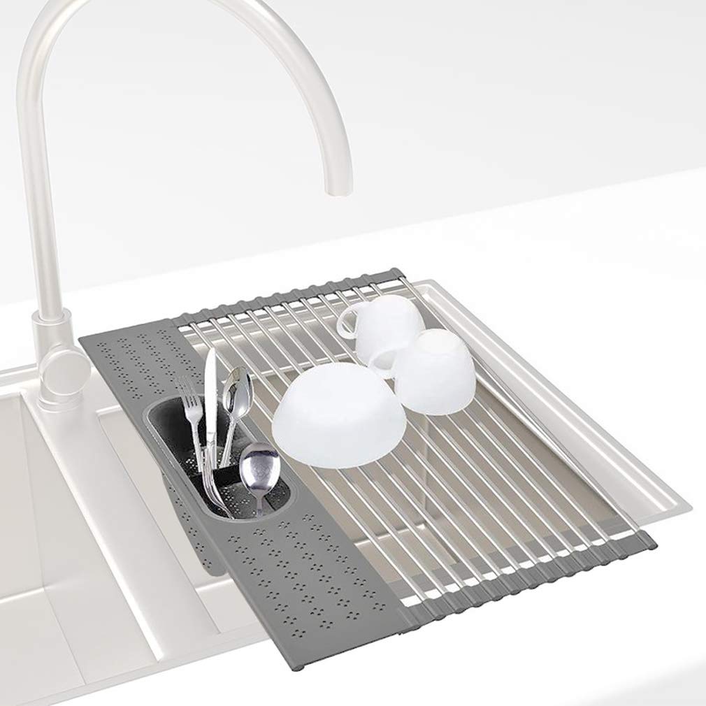 Stainless Steel Foldable Dish Drying Rack with Utensil Holder - Large Over The Sink Roll Up Dish Drying Rack Set (Grey) - Perfect for Small Kitchens, Apartments & RV Use