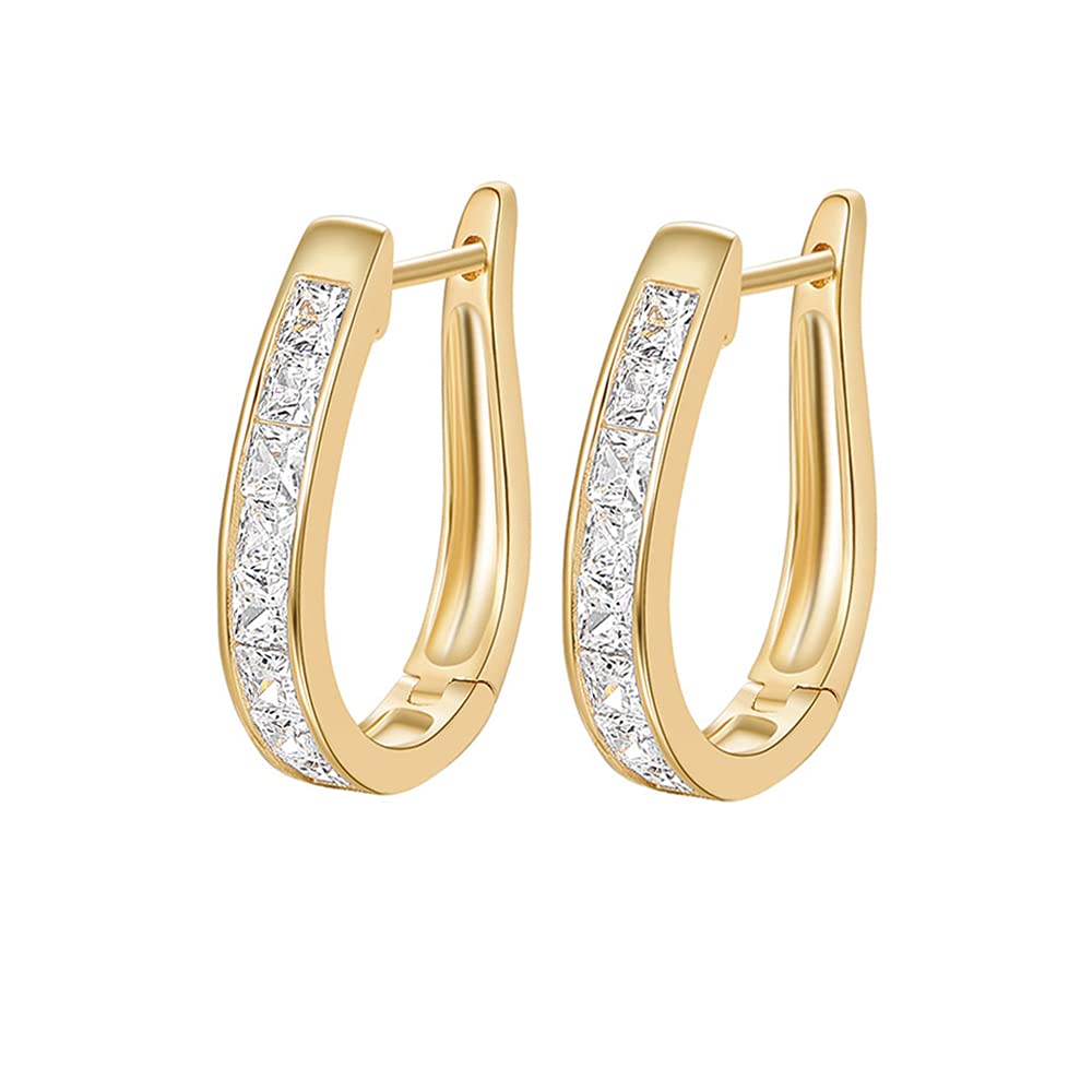 AVECON 925 Sterling Silver Stud Earrings with 14K Gold Plating | Small Oval Huggie Hoop Earrings for Women | 5A Cubic Zirconia U-Shaped Cuff Earrings | Perfect for Everyday Wear, Parties & Gifts