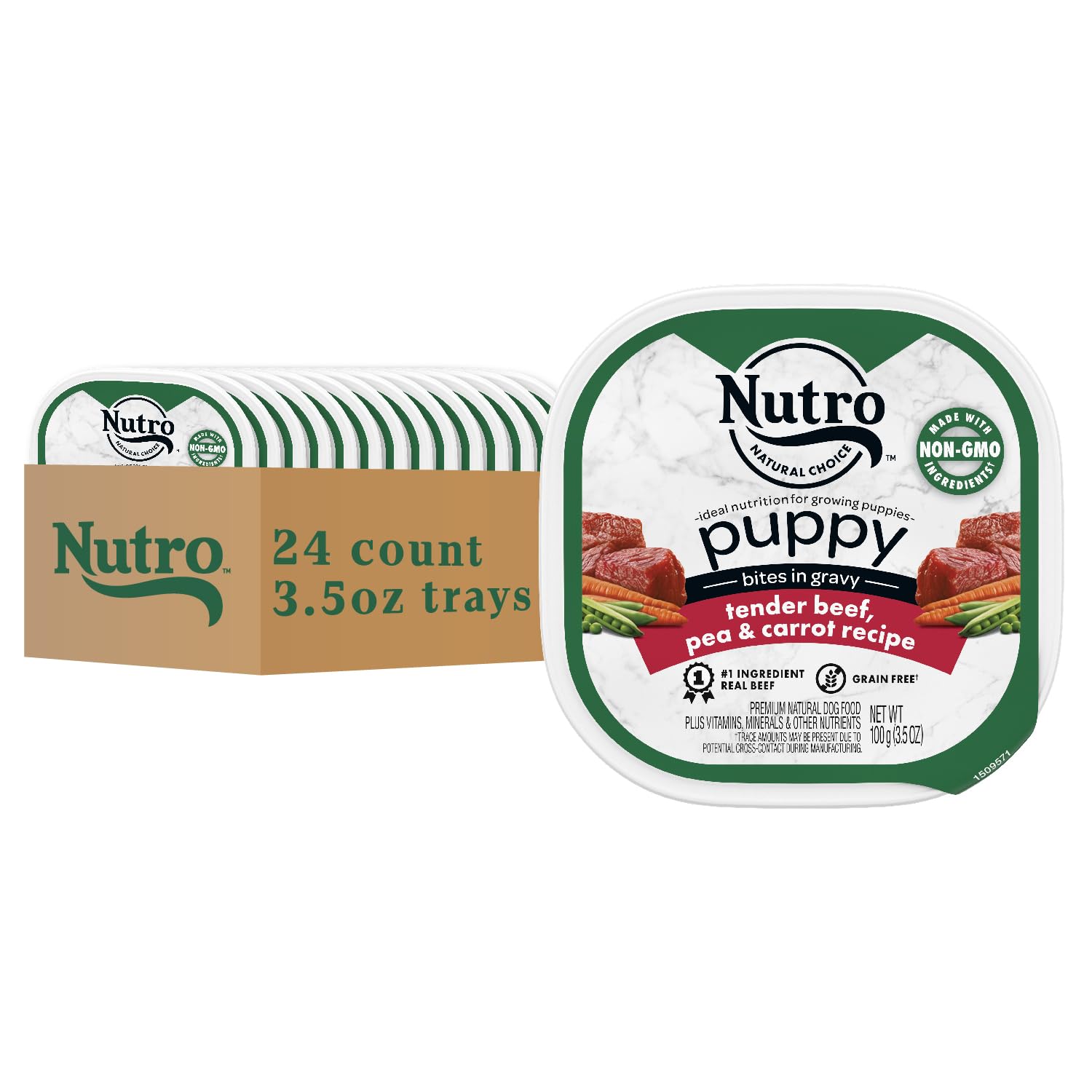 Nutro Grain Free Puppy Wet Dog Food - Tender Beef, Pea & Carrot Recipe in Gravy - 3.5 oz Trays (24 Count) | Natural Puppy Food for Small & Medium Breeds | Perfect for Training, Mealtime & Digestive Health