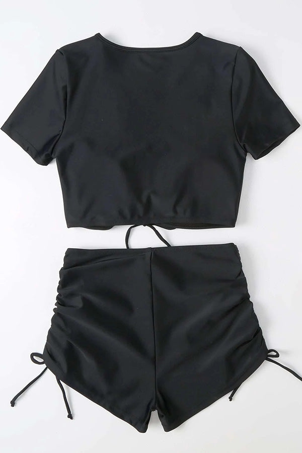 Women's Solid V Neck Drawstring High Waist Stretch Two Piece Bikini Swimsuit - Sexy Summer Beachwear for Pool Party & Vacation