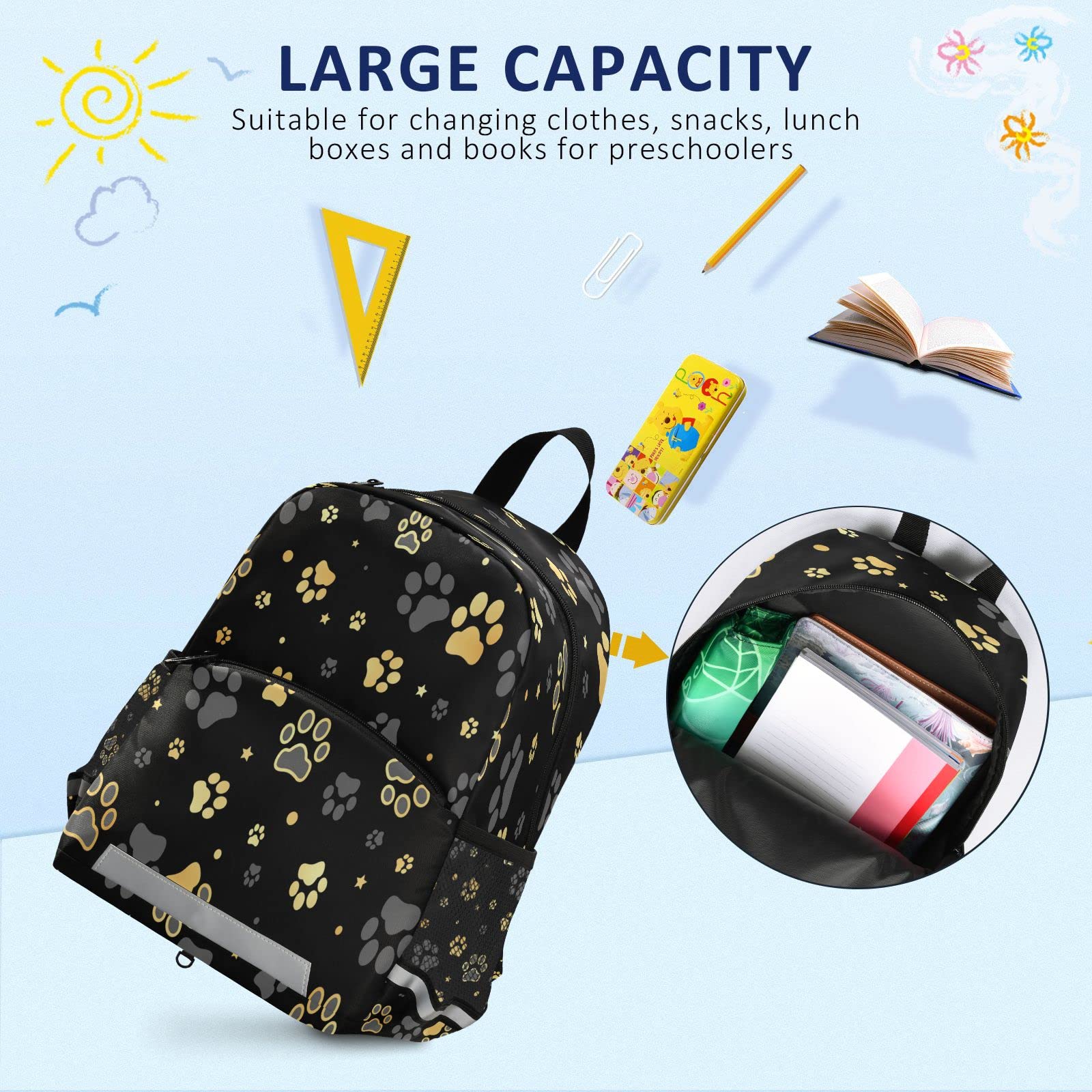 Kcldeci Gold Dog Paw Print & Star Kids Backpack with Safety Leash - Anti-Lost Toddler Backpack for Boys & Girls | Perfect for Preschool, Daycare & Travel