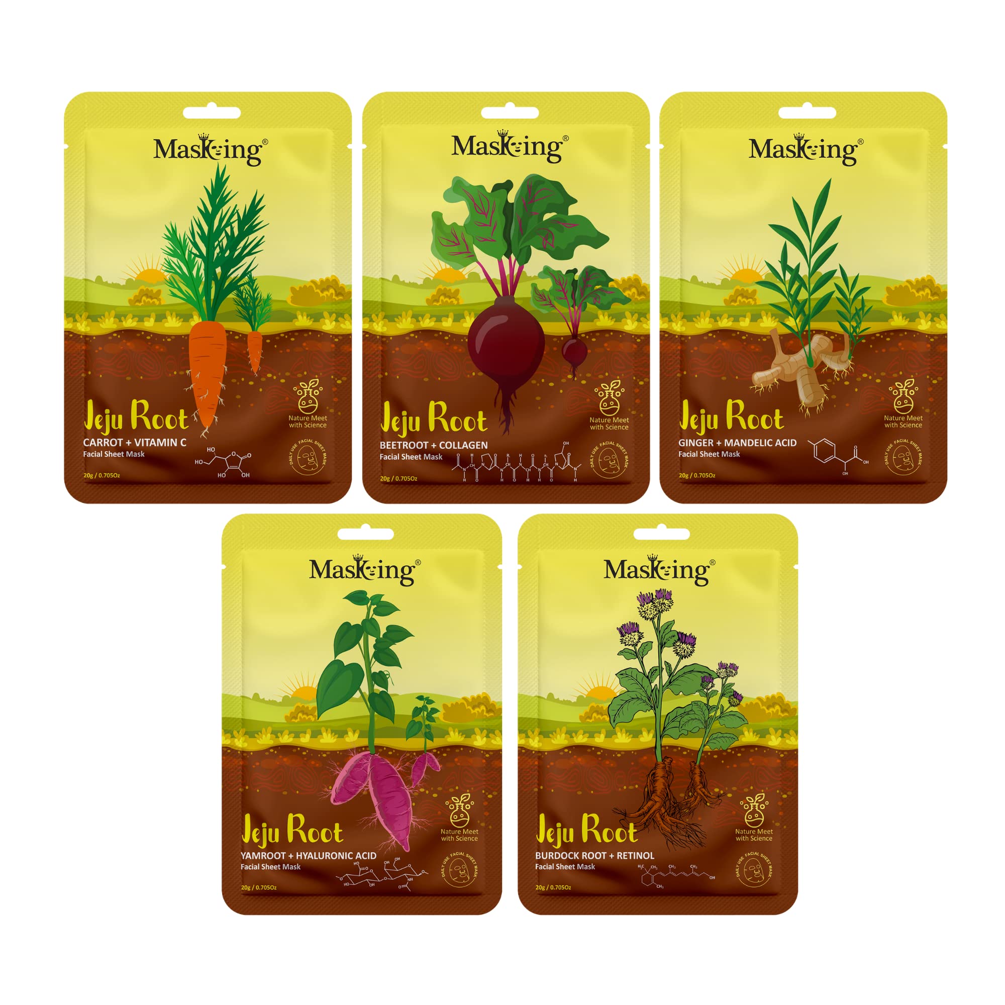 Jeju Root Face Sheet Mask for Skin Cleansing & Calming - Hydrating & Soothing Facial Mask for Women & Men - Pack of 5 - Perfect for Daily Skincare, Spa Day & Relaxation