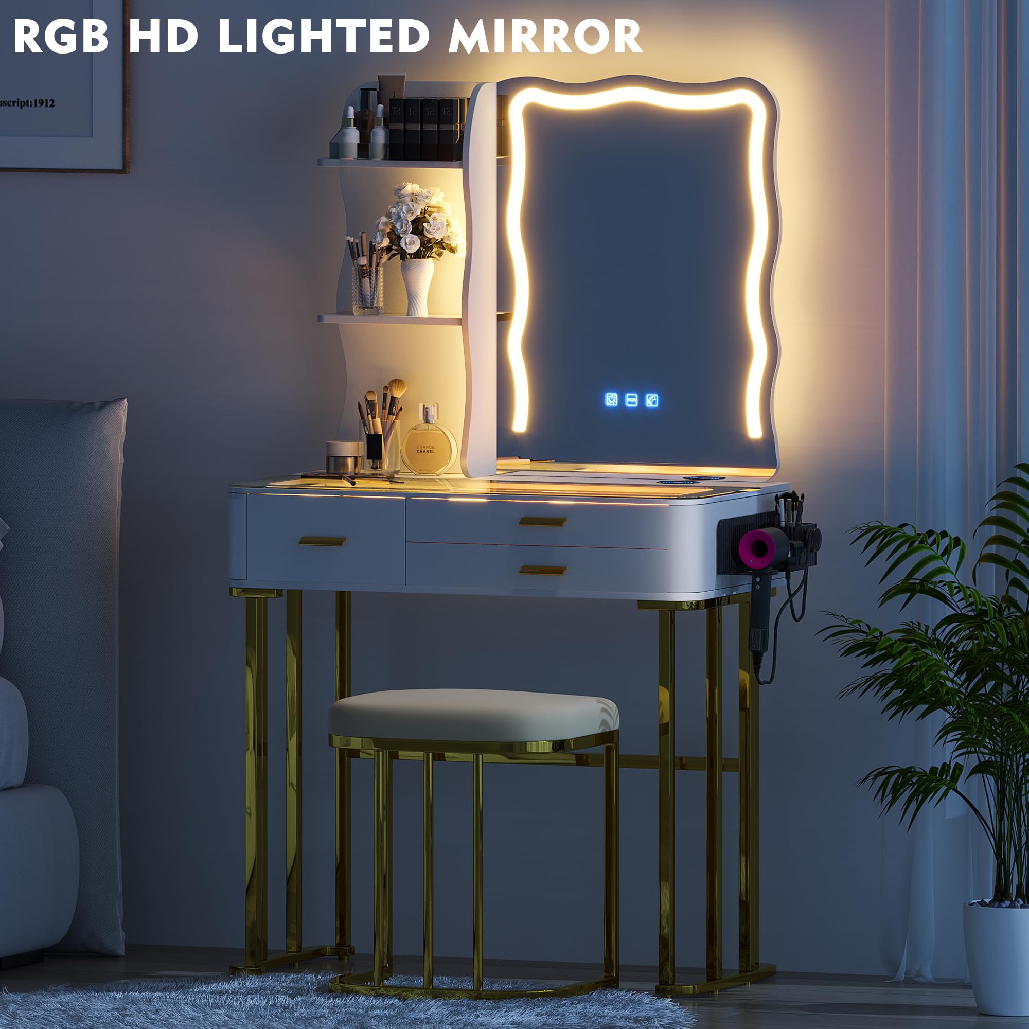 RGB Makeup Vanity Desk with Wireless Charging Station - 7 Dynamic & 7 Static Dimmable LED Lights, Glass Top Vanity Table with Auto Sensor Mirror & Stool - Perfect for Bedroom, Dressing Room & Beauty Salon Makeup Setup