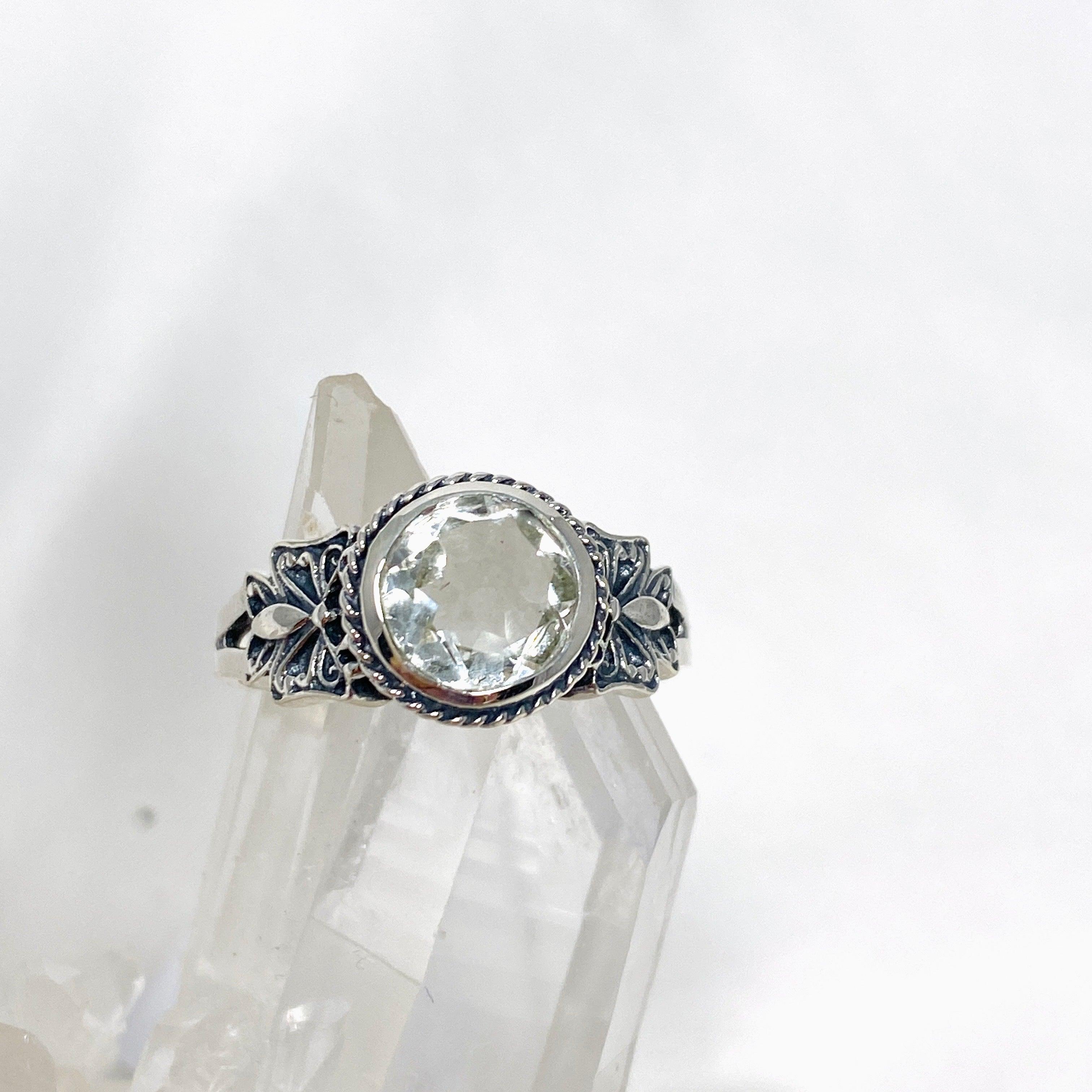 Prasiolite Faceted Round Ring in Decorative Setting R3671 - Elegant Green Gemstone Jewelry for Women, Perfect for Weddings, Parties & Special Occasions