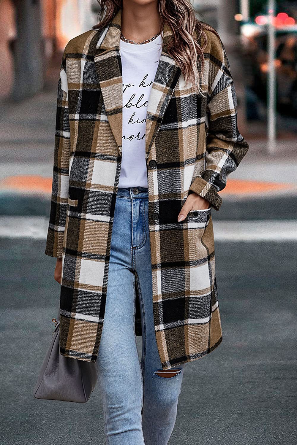 Stylish Women's Plaid Long Wool Coat with Pockets - Warm Turn-Down Collar Jacket for Autumn & Winter | Perfect for Outdoor Activities, Office Wear, and Casual Fashion