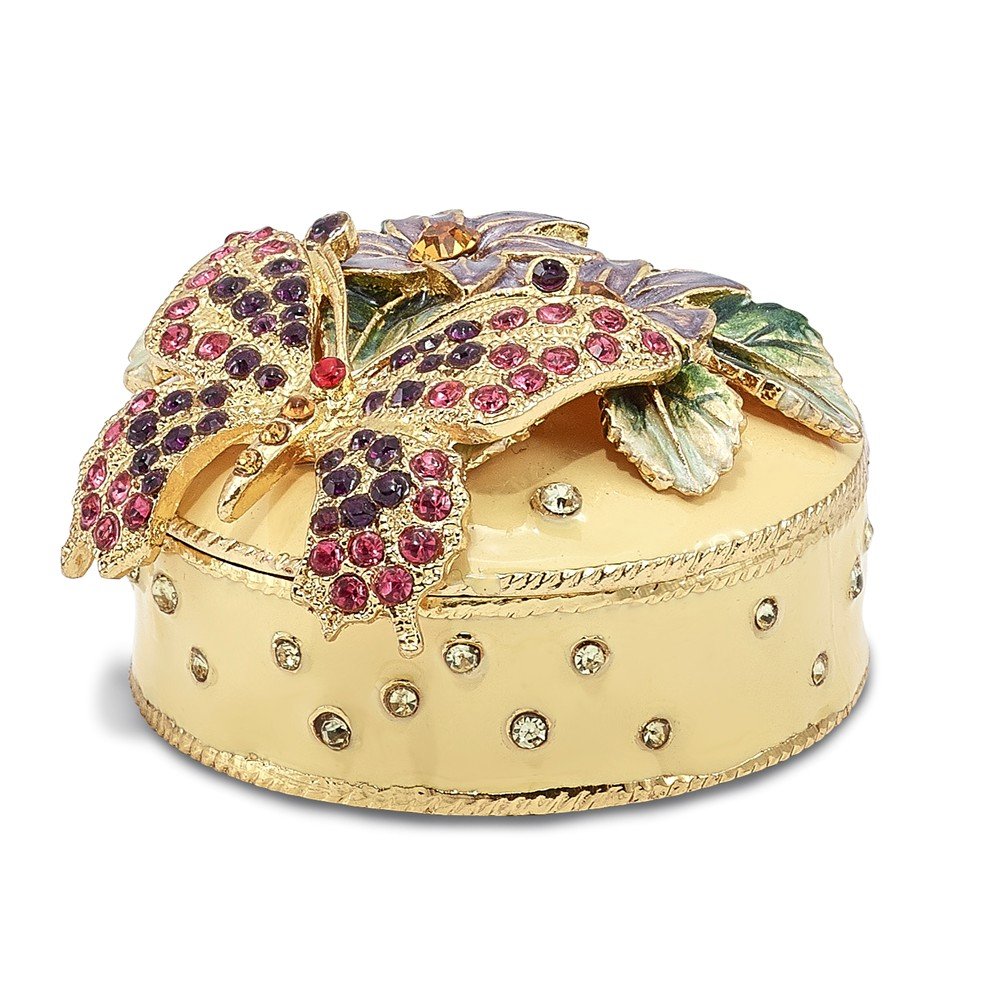 Exquisite Bejeweled Florian Butterfly & Floral Enamel Trinket Box with Matching Pendant Necklace - Luxury Collectible Gift Set for Women, Jewelry Storage & Home Decor