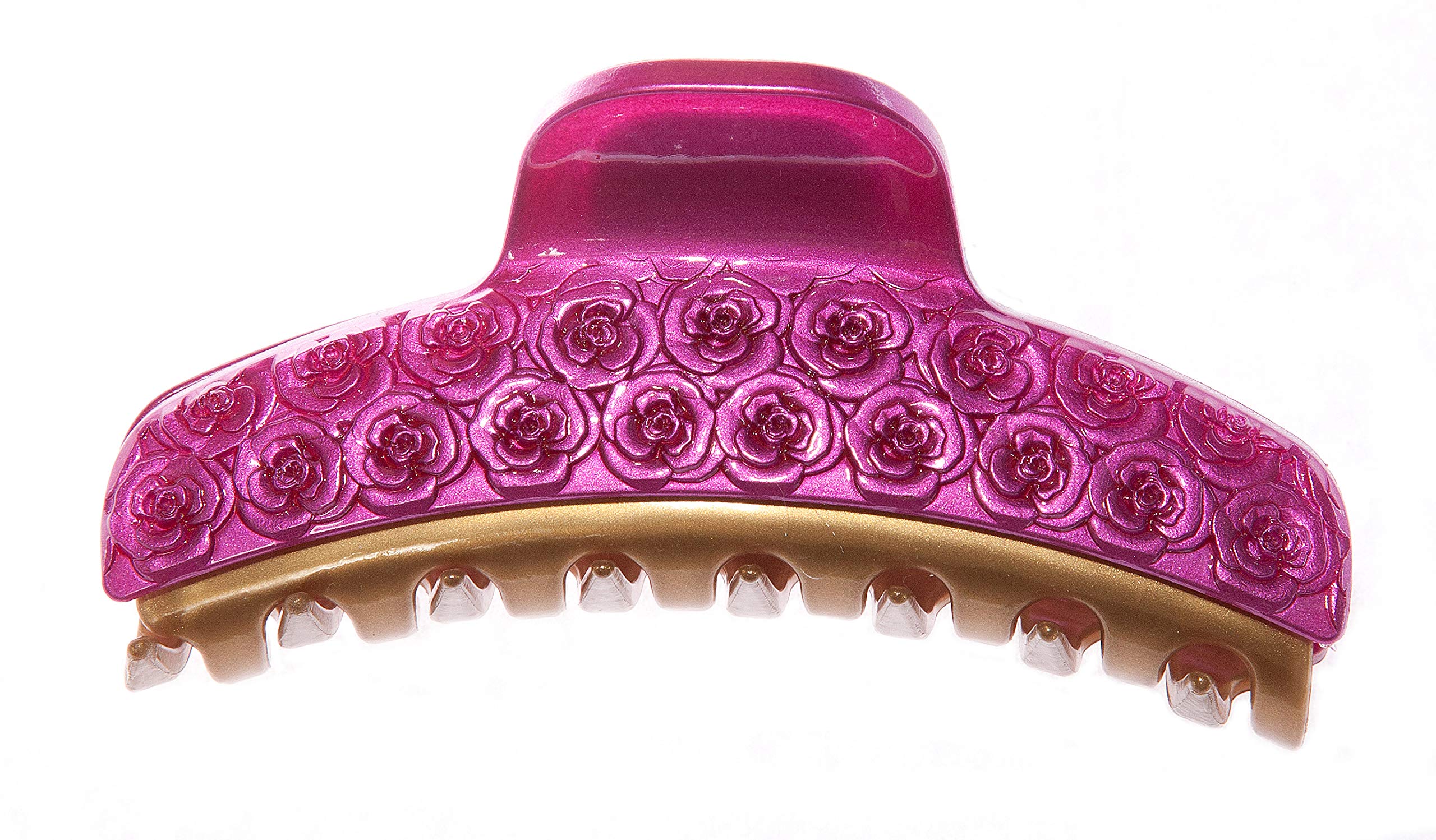 French-Made Caravan Hot Fuchsia & Gold Rose Decorated Claw Hair Clip - Perfect for Weddings, Parties, and Special Occasions