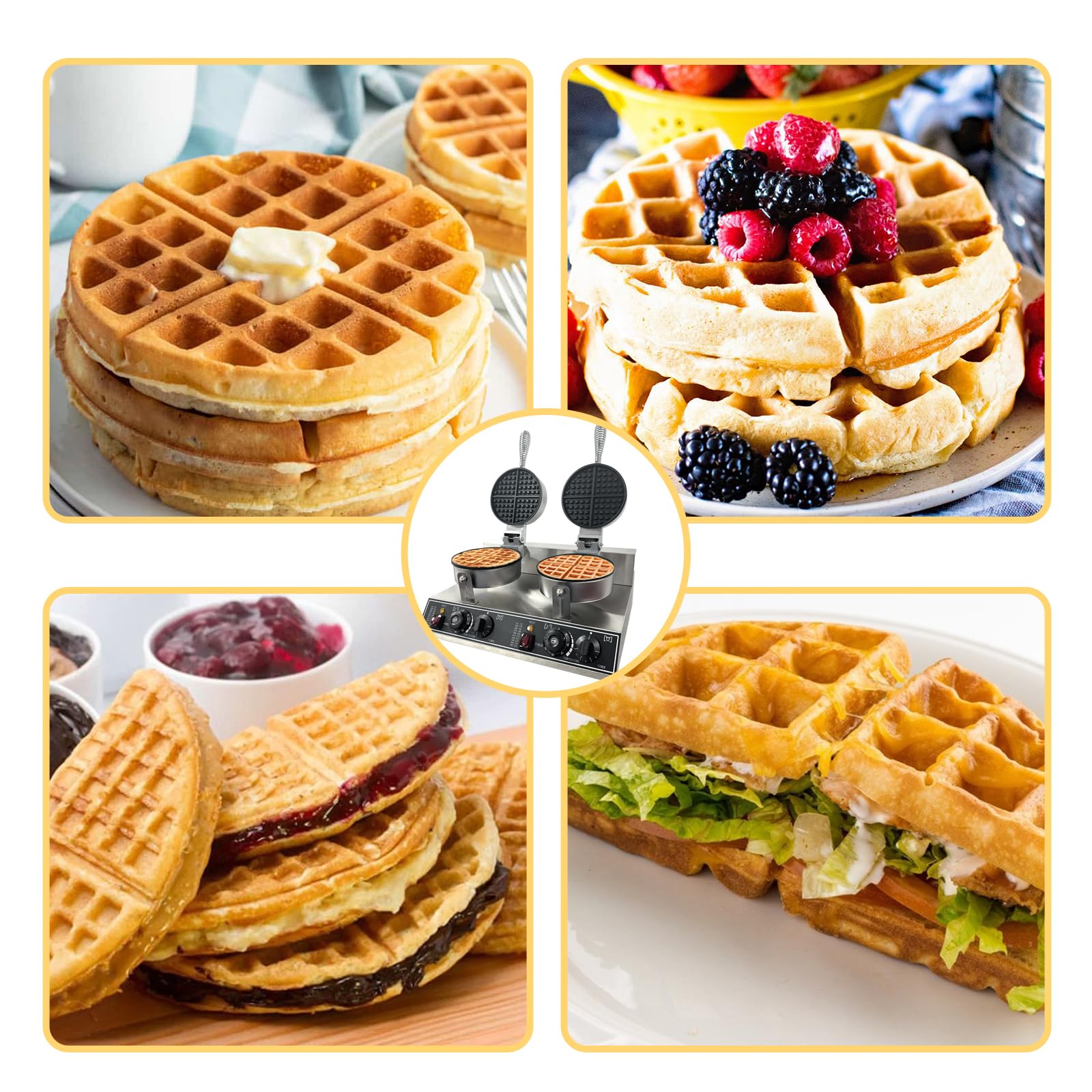 Commercial Waffle Maker Machine 2400W - 110V Stainless Steel Double Grid Non-Stick Waffle Iron for Home, Cafe, Restaurant - Perfect for Breakfast, Brunch, and Dessert Making