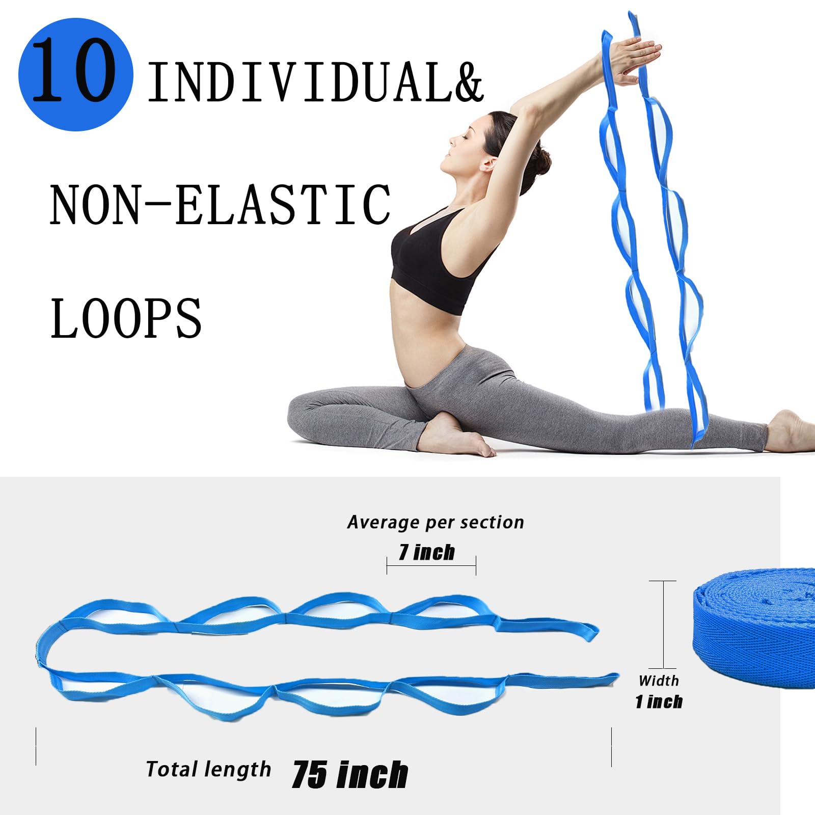 Premium Non-Elastic Yoga Stretching Strap with 10 Loops - Ideal for Physical Therapy, Home Workout, Pilates & Gymnastics - Includes Exercise Guide for Men & Women - Perfect for Flexibility Training, Rehabilitation & Fitness Routines