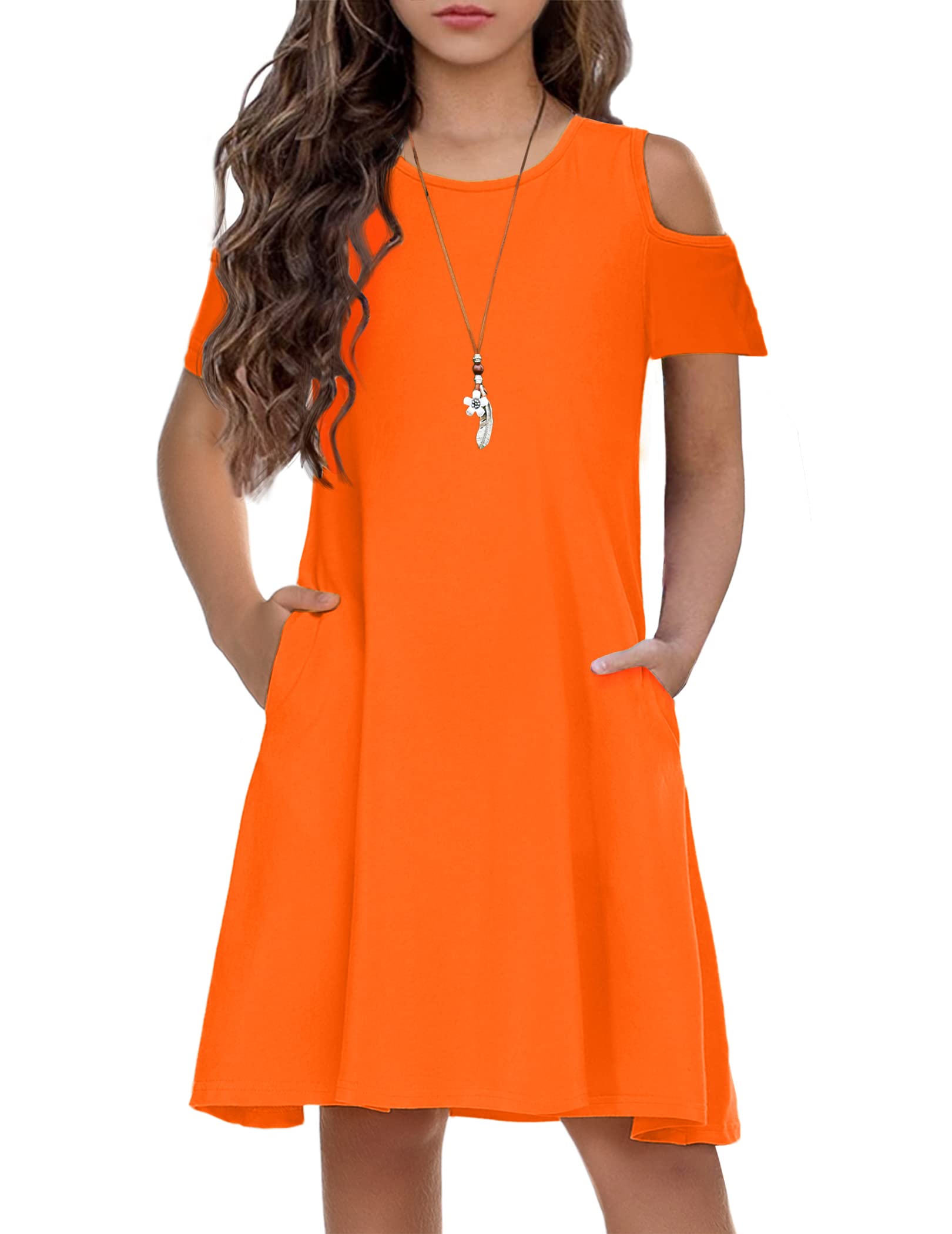 Arshiner Girls Summer Dress - Short Sleeve Cold Shoulder Casual Swing Dress with Pockets | Solid Color Flowy Outfit for Beach, Party & Everyday Wear