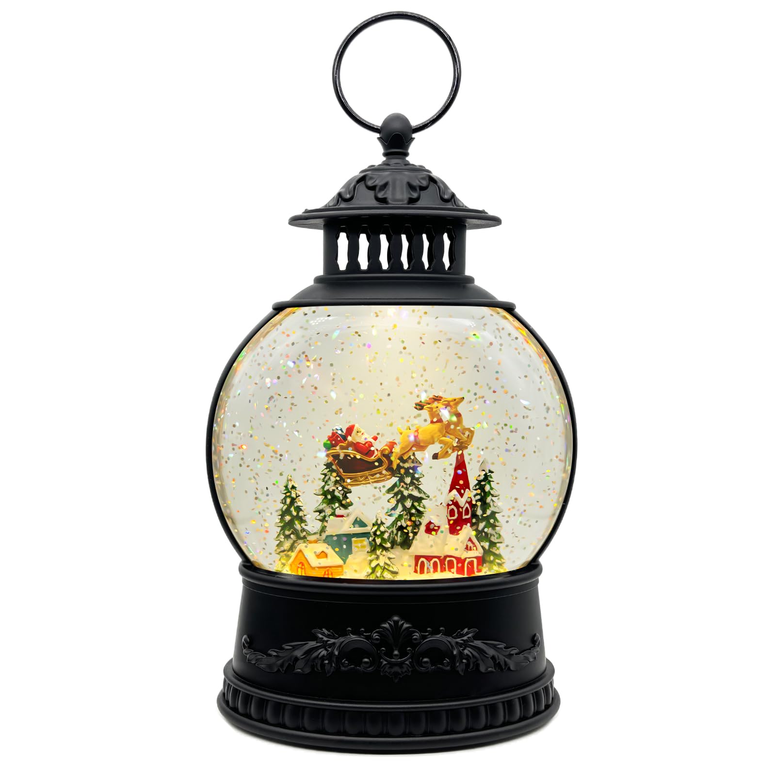 Christmas Snow Globe Lantern with Music & Timer - USB/Battery Powered LED Glittering Globe Decor for Home, Office, Holiday Party | Perfect for Christmas Tree, Mantel, Tabletop & Gift Giving (Reindeer Design)