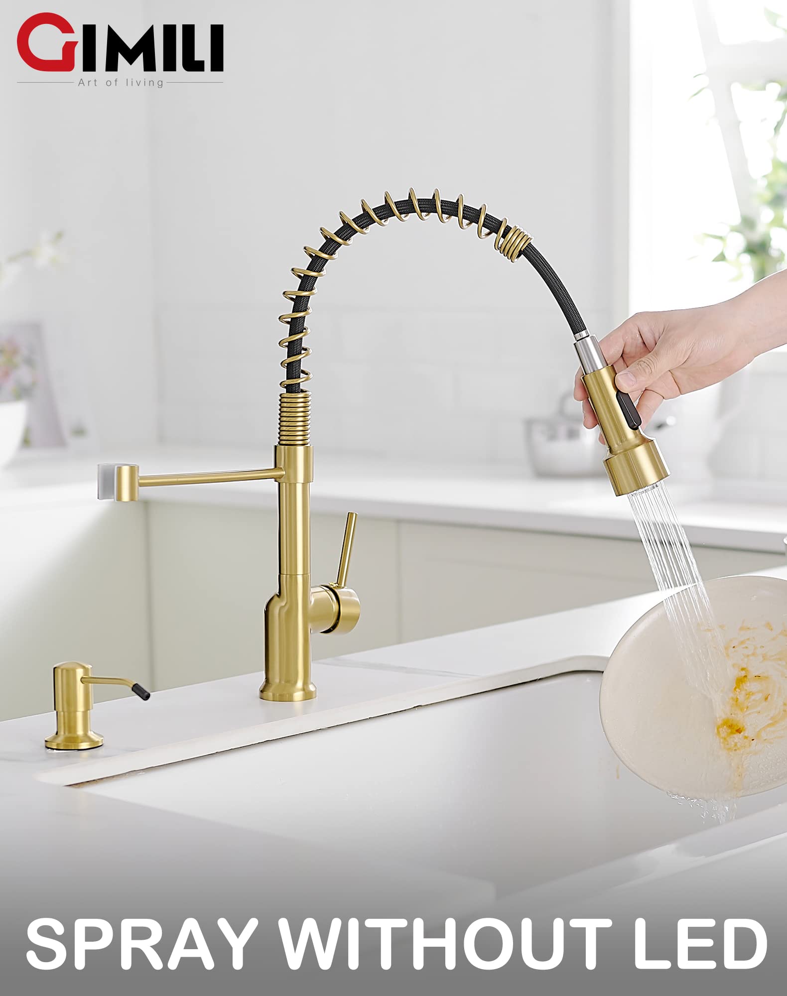 GIMILI Brushed Gold Kitchen Faucet with Pull Down Sprayer & LED Light for Modern Kitchens