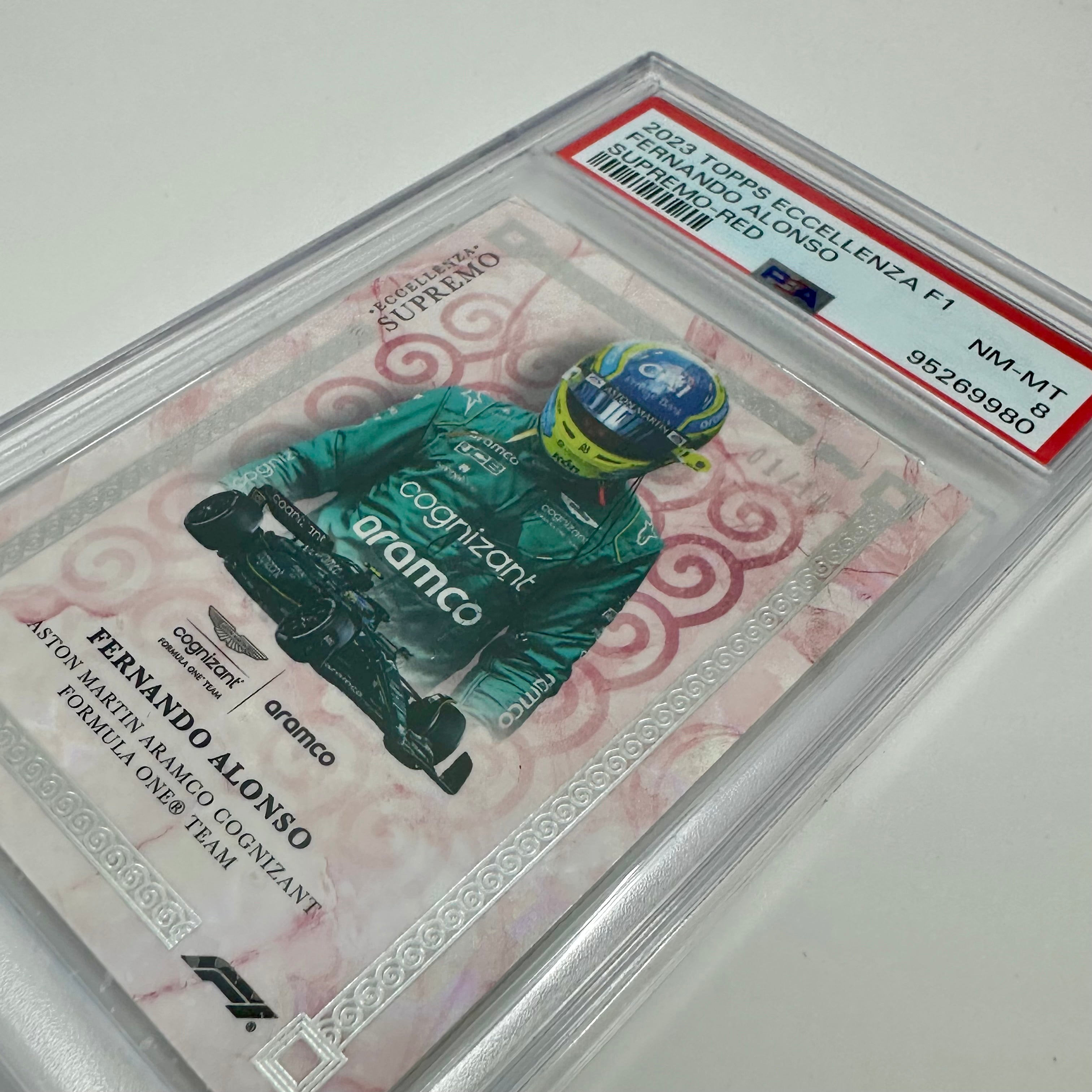 PSA 8 Graded Fernando Alonso 2023 Topps Eccellenza Supremo Red #01/10 - Rare Racing Card for Collectors & F1 Memorabilia Enthusiasts