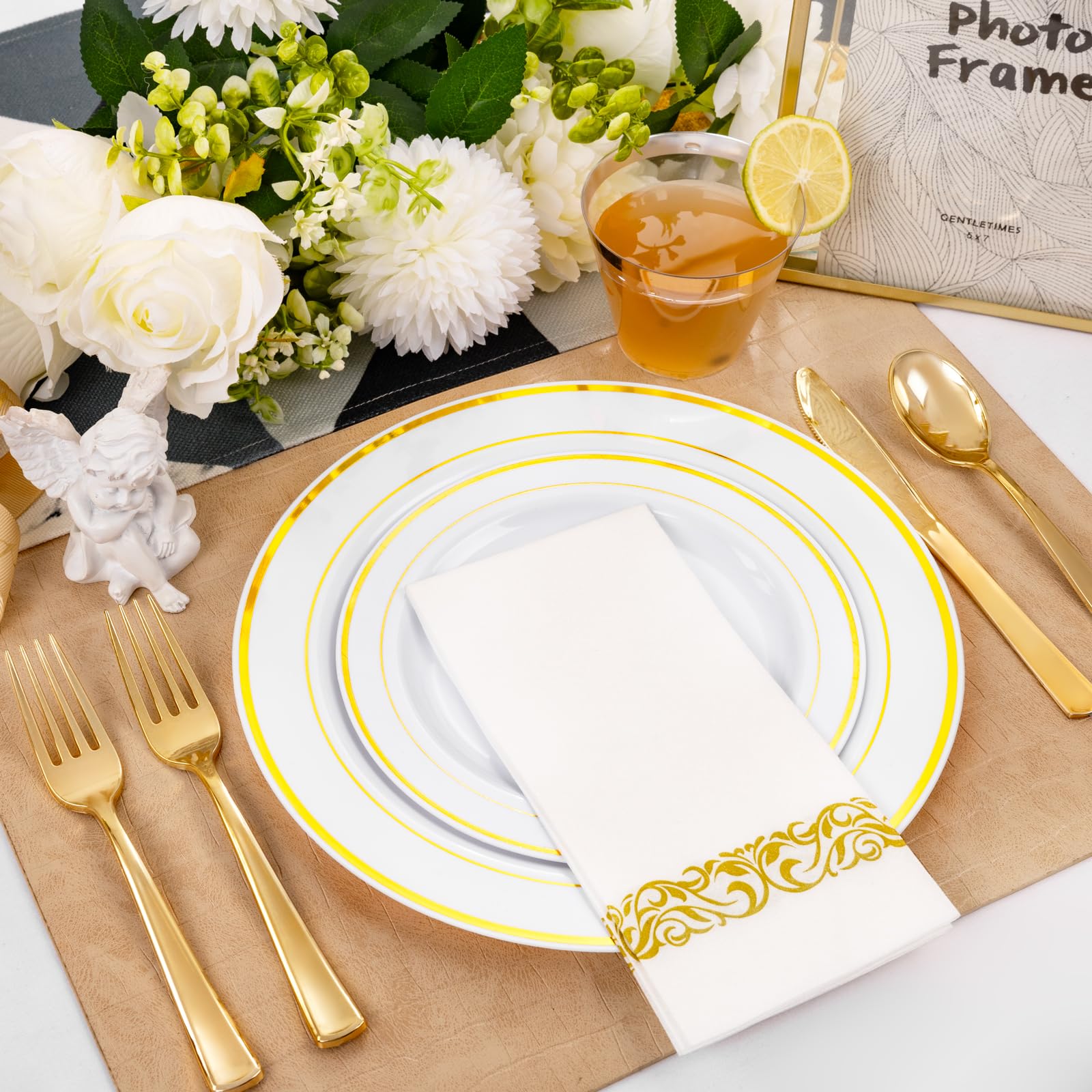350-Piece Gold Plastic Dinnerware Set for 50 Guests - Disposable Plates, Forks, Knives, Spoons, Cups & Napkins - Elegant Party Tableware for Weddings, Birthdays & Events