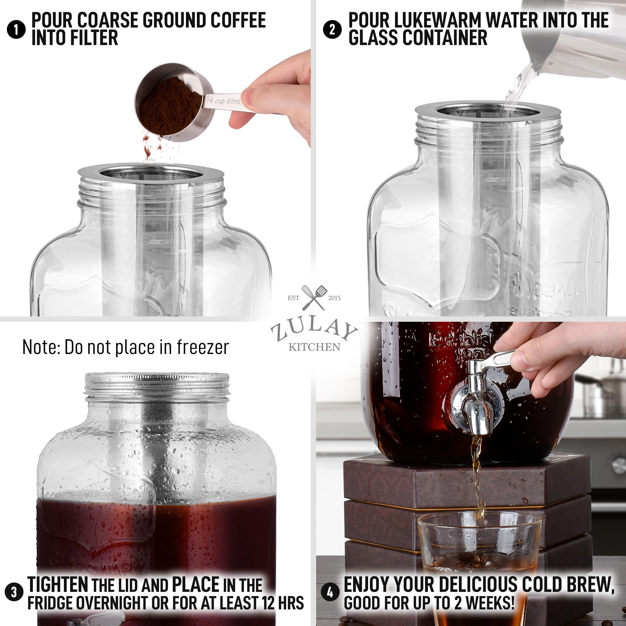 Zulay Kitchen 1 Gallon Cold Brew Coffee Maker - Large Iced Tea & Cold Brew Pitcher with Extra-Thick Glass & Stainless Steel Infuser - Airtight Lid & Spout for Freshness - Perfect for Home, Office, or Outdoor Use (Silver)