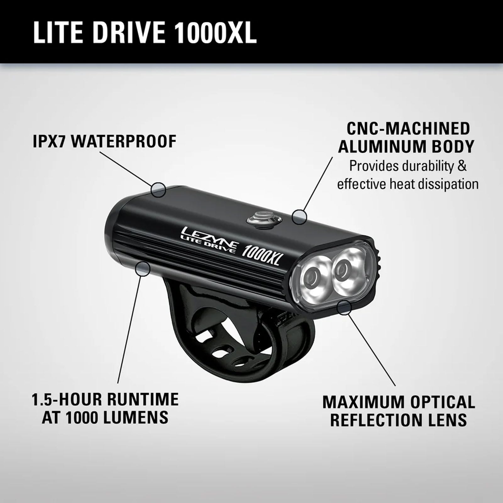 LEZYNE Lite Drive USB Rechargeable Bike Light - 1000/1200 Lumens Waterproof Cycling Headlight with Multiple Modes & Silicone Mount | Perfect for Night Riding, Commuting & Mountain Biking