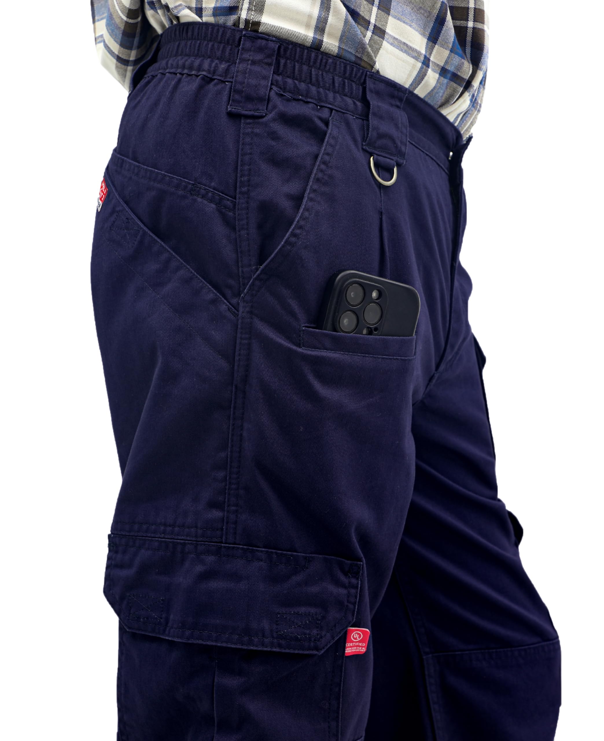 BOCOMAL Men's Flame Resistant Cargo Work Pants with Double Front & 10 Multi-Pockets - Elastic Waist Comfort for Construction, Welding & Outdoor Jobs | Durable Workwear for Professionals