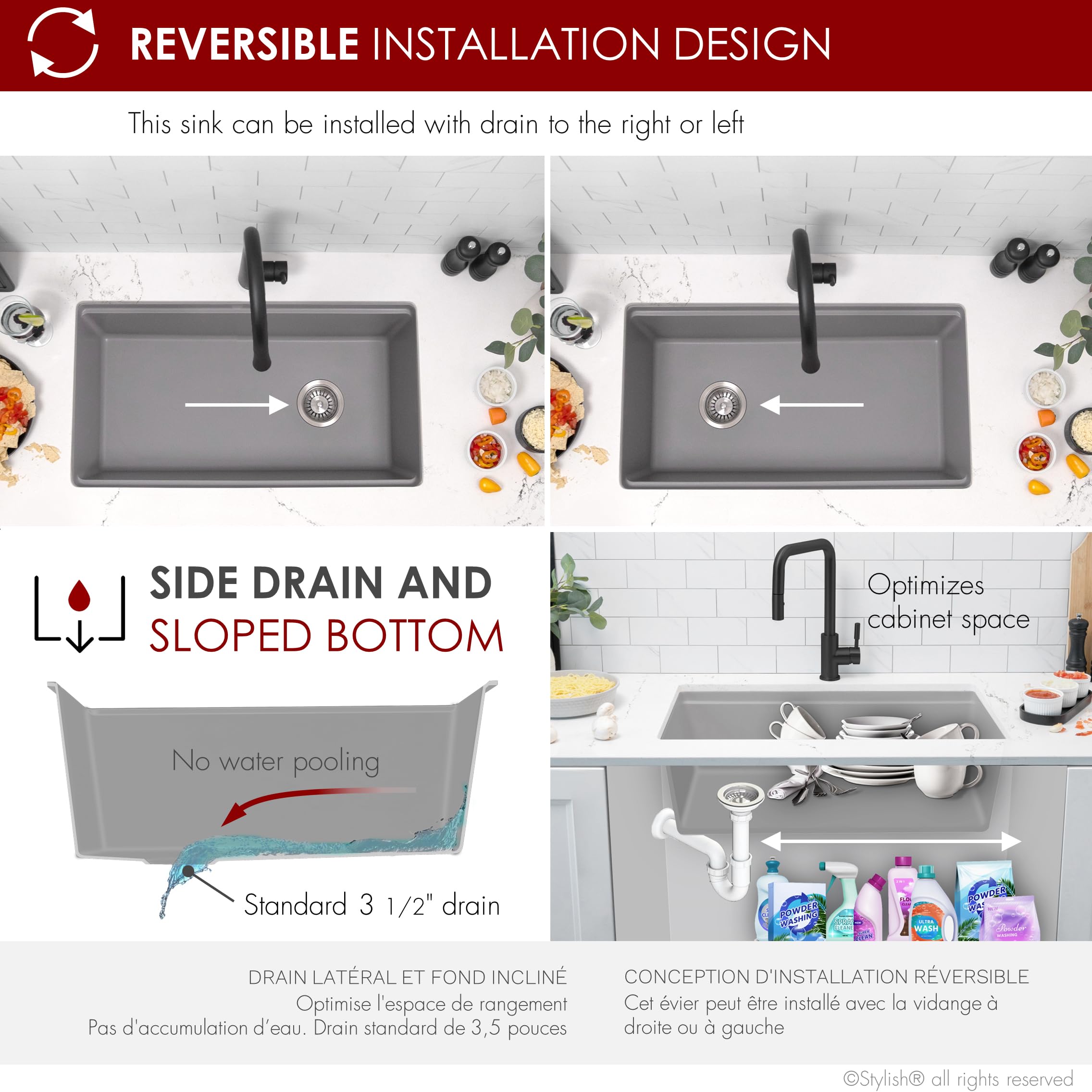 32 x 18 Inch Drop In or Undermount Kitchen Sink - Single Bowl Granite Composite Reversible Workstation with Strainer, Colander, Drying Rack & Cutting Board - Perfect for Modern Kitchens & Food Prep (Grey, S-832WL)