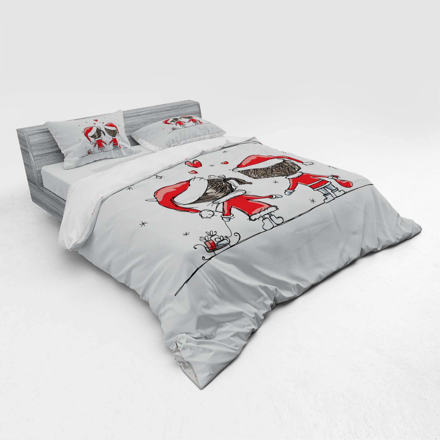 Ambesonne Christmas Duvet Cover Set - Santa Costume Family Romance Winter Night Print, 4-Piece King Size Bedding with Shams & Fitted Sheet, Red & White - Perfect for Holiday Decor & Cozy Winter Bedrooms