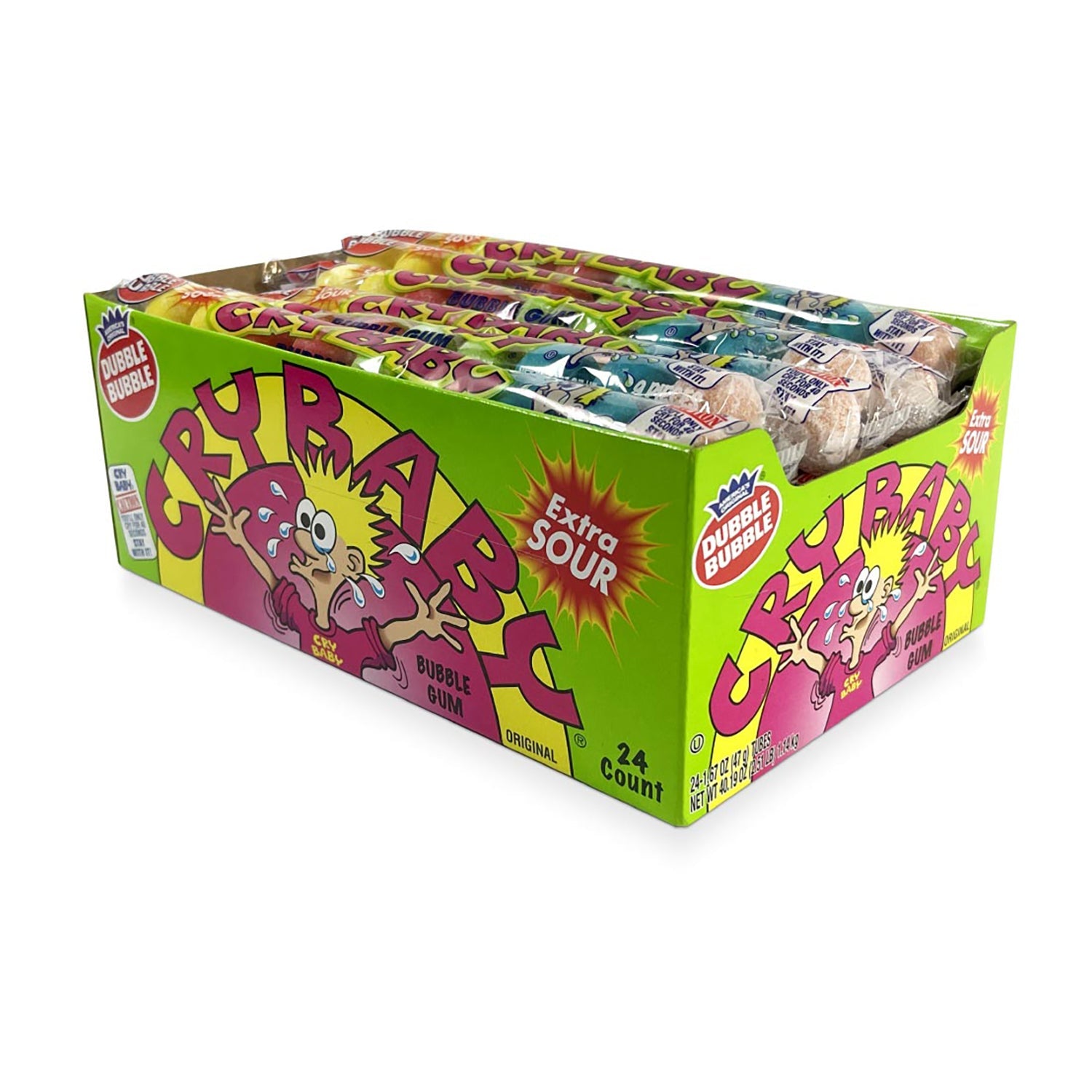 Extra Sour Cry Baby Bubble Gum - 9 Piece Tube (1.06oz) | 24 Count Bulk Bag - Perfect for Halloween Treats, Party Favors & Road Trips