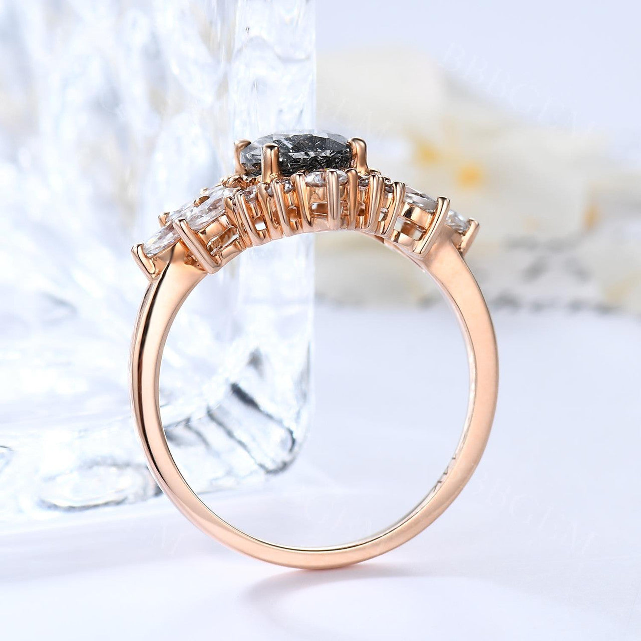 Oval Cut Black Rutilated Quartz Engagement Ring with Marquise Moissanite Halo - Elegant Wedding Band for Proposals, Anniversaries & Special Occasions