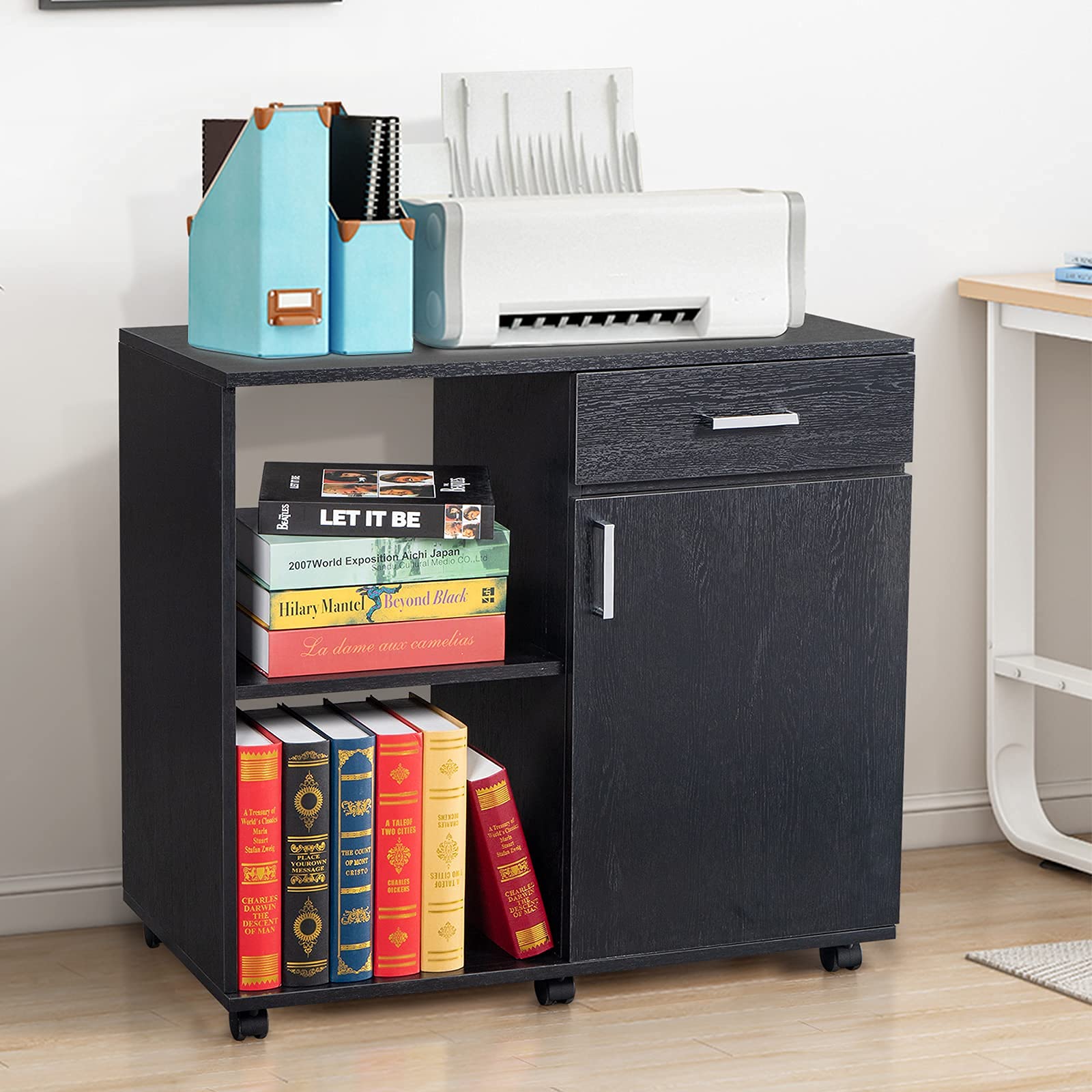 Multi-Function Rolling Wooden File Cabinet with Wheels - Left Frame & Right Storage Cabinet - Printer Stand for Office & Home (Black) - Perfect for Organizing Documents & Office Supplies