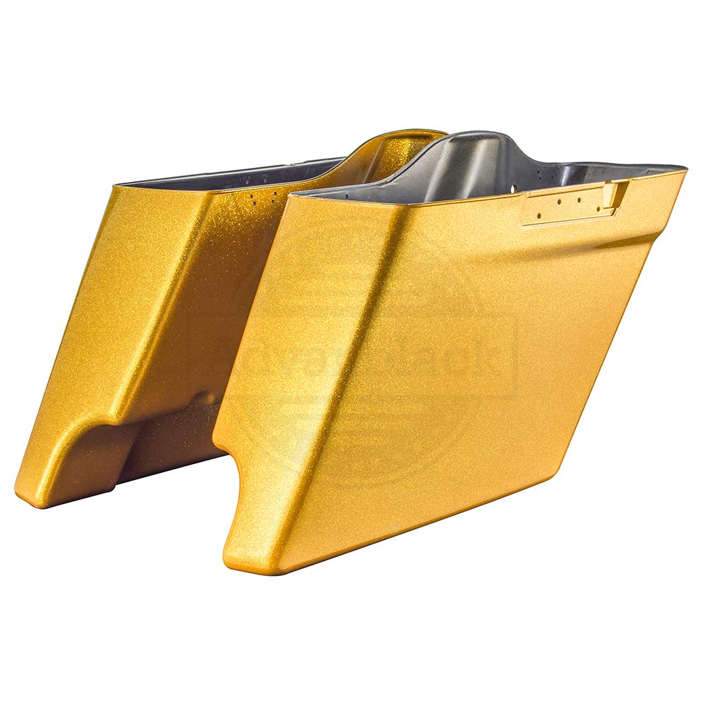 Gold Flake Harley Stretch Motorcycle Saddle Bags & Fender Extensions - Premium Accessories for 2014+ Harley Davidson Touring Bikes - Perfect for Long Rides & Road Trips