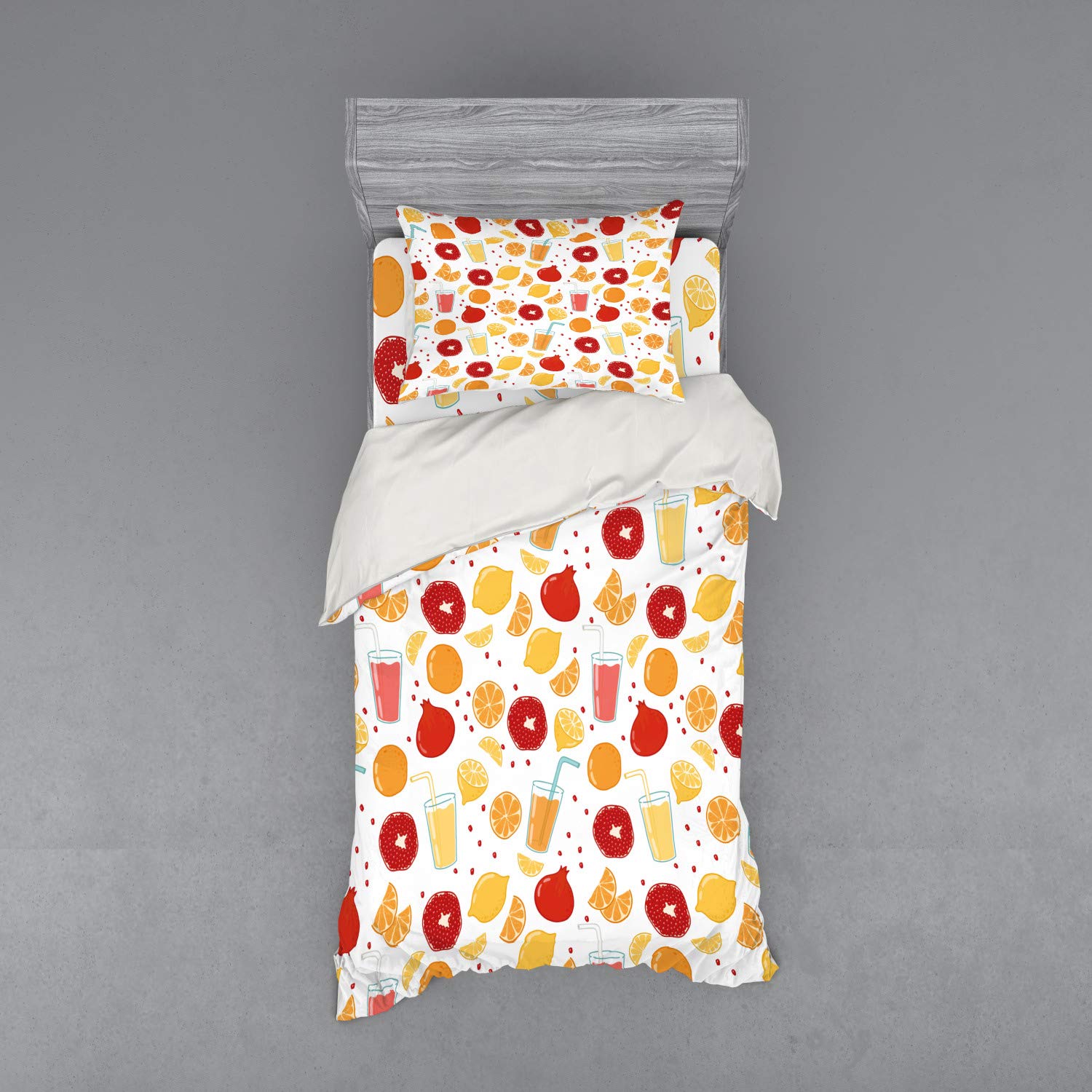 Ambesonne Modern 3-Piece Bedding Set - Fruits Pomegranate Orange Juice Kitchen Lemon Food Print Duvet Cover with Sham & Fitted Sheet, Twin XL Size, Apricot Ruby - Perfect for Kids' Rooms, Guest Bedrooms & Dorm Decor