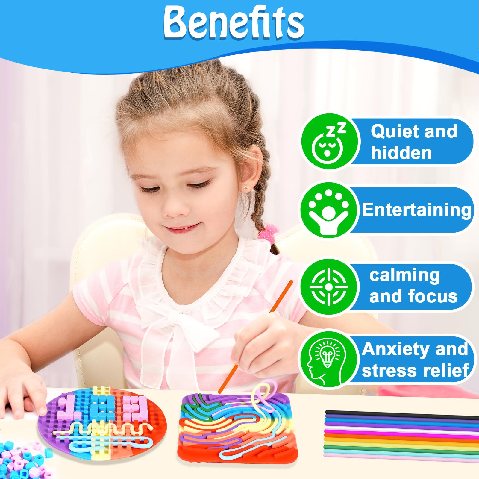 Rainbow Sensory Activity Board - Quiet Fidget Toy for Kids Ages 3+ & Adults | Stress Relief, Anxiety, ADHD & Autism Calming Tool | Mess-Free Travel Sensory Board with 12 Strings (Square Design) - Perfect for Home, Classroom & On-The-Go Relaxation