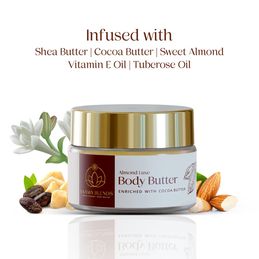 Vaama Blends Almond Luxe Body Butter for Dry Skin - Deep Nourishing & Polishing Cream with Shimmer for Women & Men | 50ml | Perfect for Daily Moisturizing, Spa Nights & Gift Giving