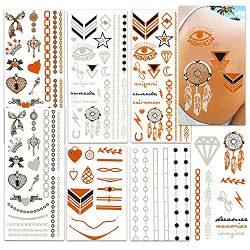 Premium Metallic Temporary Tattoos for Women, Girls & Kids - 170+ Flash Tattoo Set with Bracelets, Pendants, Anklets, Stars, Hearts & Crowns - Perfect for Parties, Festivals & Body Jewelry Fashion
