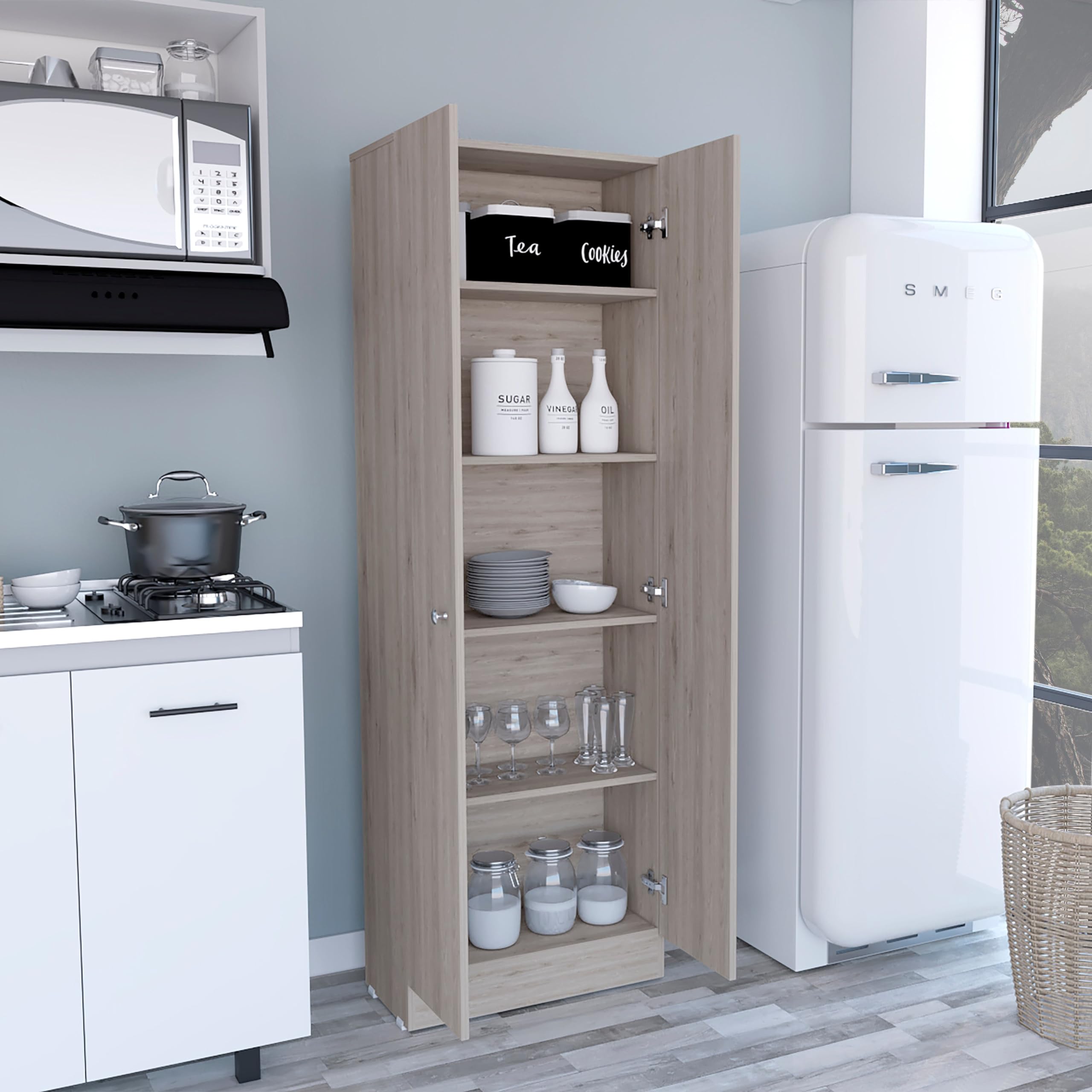 Tuhome 5-Shelf Double Door Pantry Cabinet with Multi-Storage, Light Gray - Perfect for Kitchen, Dining Room, and Home Organization