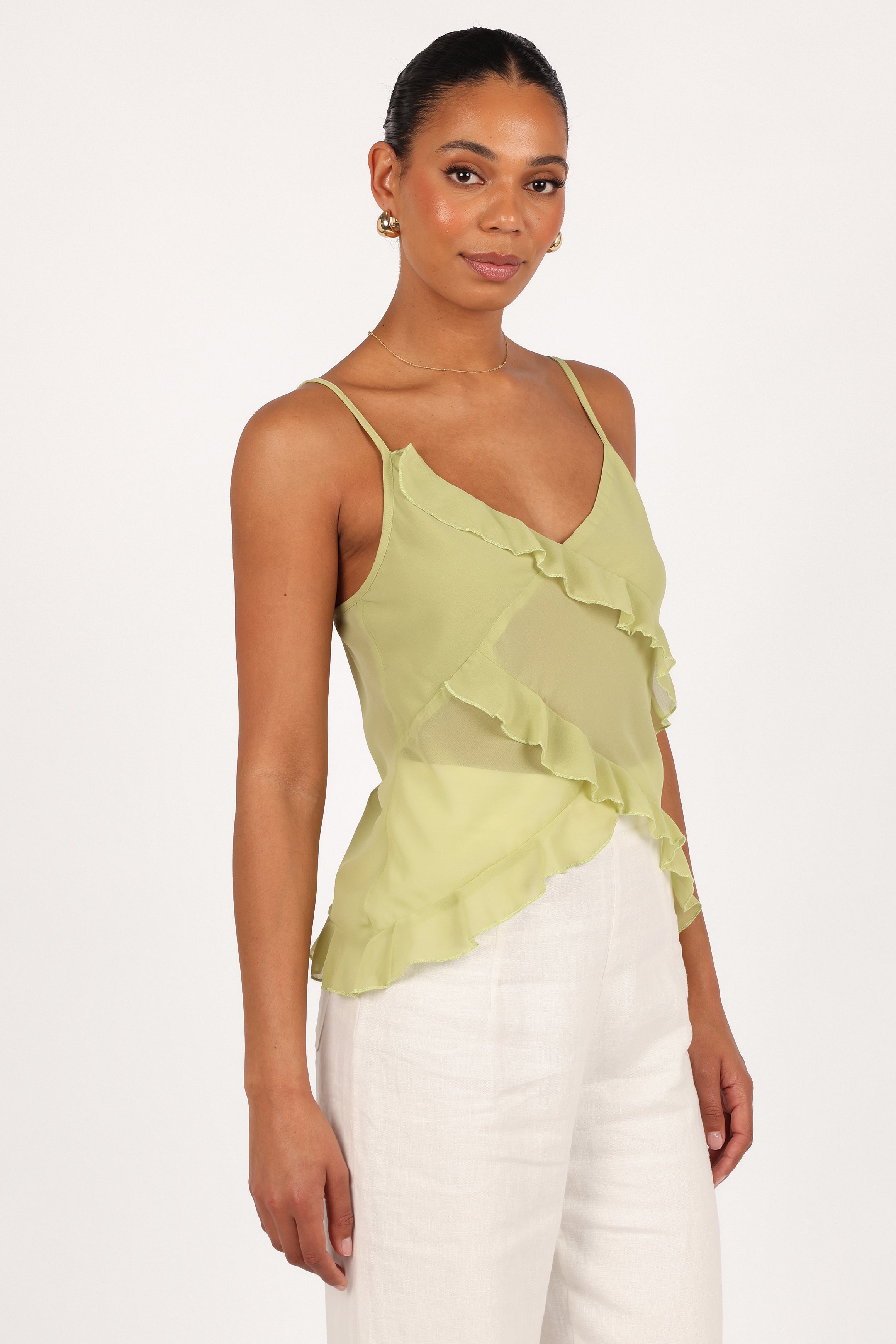 Gabrielle Ruffle Blouse Women's Meadow Green Floral Print Summer Tops for Casual Wear, Date Night & Office Outfits