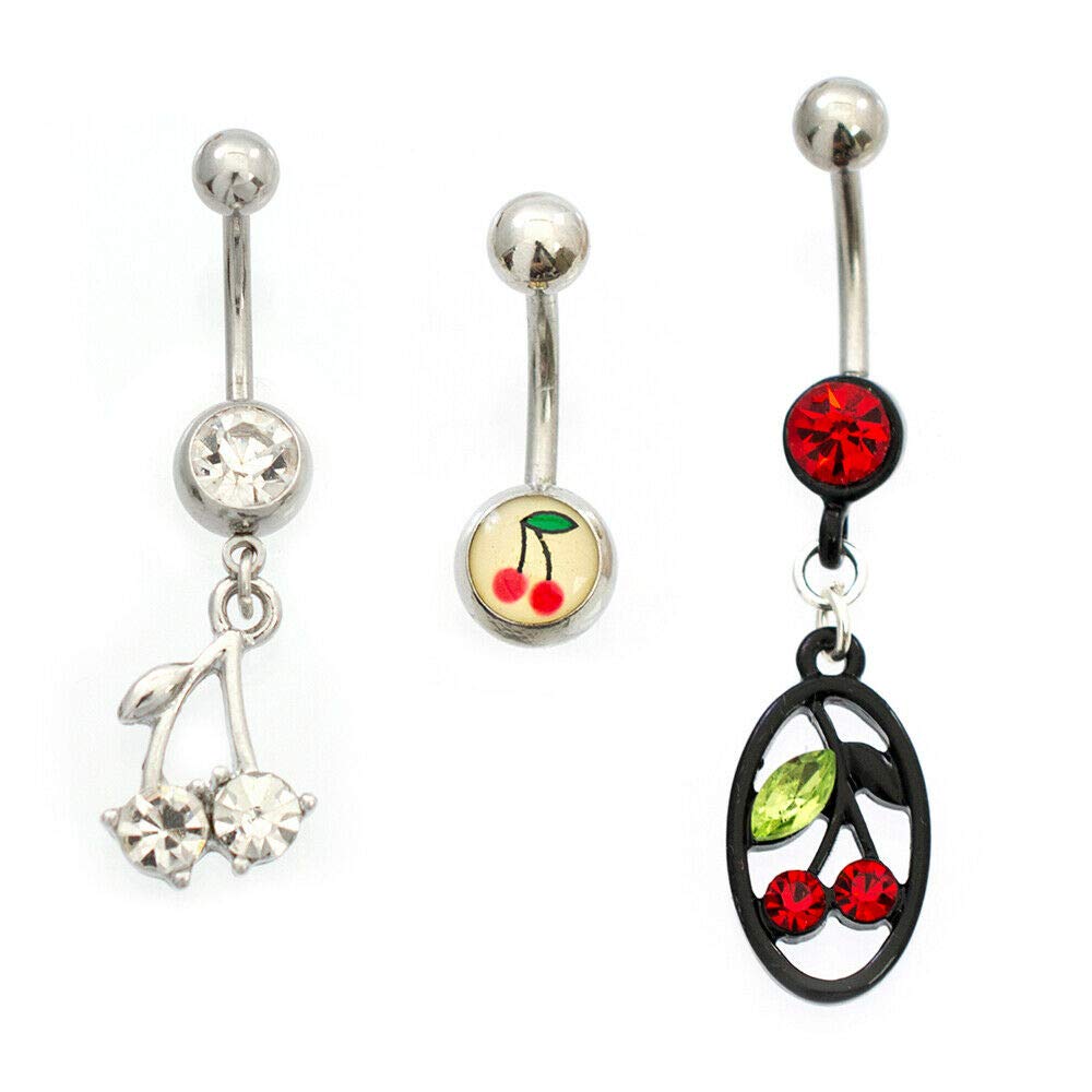 3-Pack Cherry & Cubic Zirconia Navel Rings - 14G Belly Button Rings for Women - Perfect for Parties, Beach Wear & Body Jewelry Collection