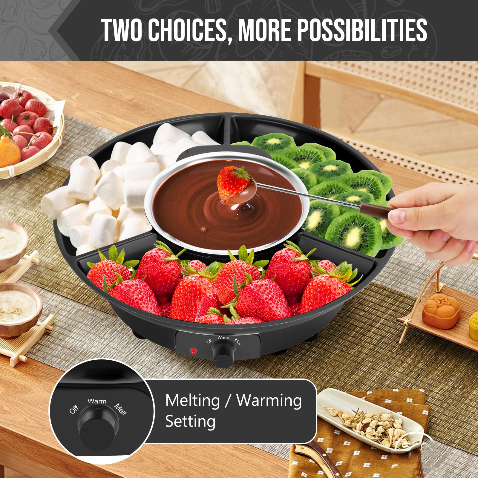 Electric Chocolate Fondue Pot Set with 3-Section Serving Tray & 6 Dipping Forks - Perfect for Christmas, Housewarming Gifts & Party Desserts (Black) - Ideal for Valentine's Day, Family Gatherings & Romantic Dinners
