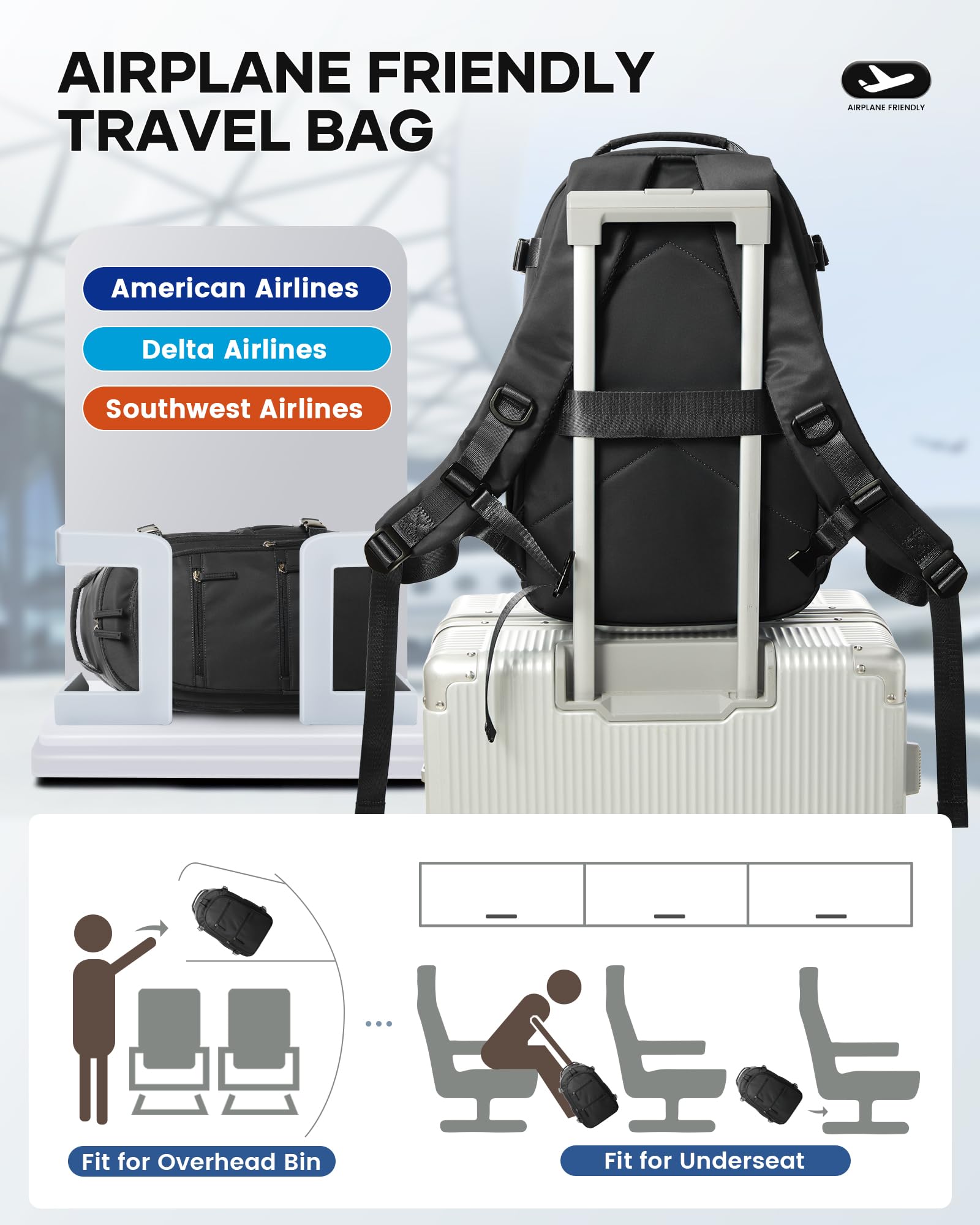 Vacuum Compression Travel Backpack with Air Pump - Waterproof Carry On Luggage for United Airlines (Black) | Perfect for Weekend Trips, Business Travel & Outdoor Adventures