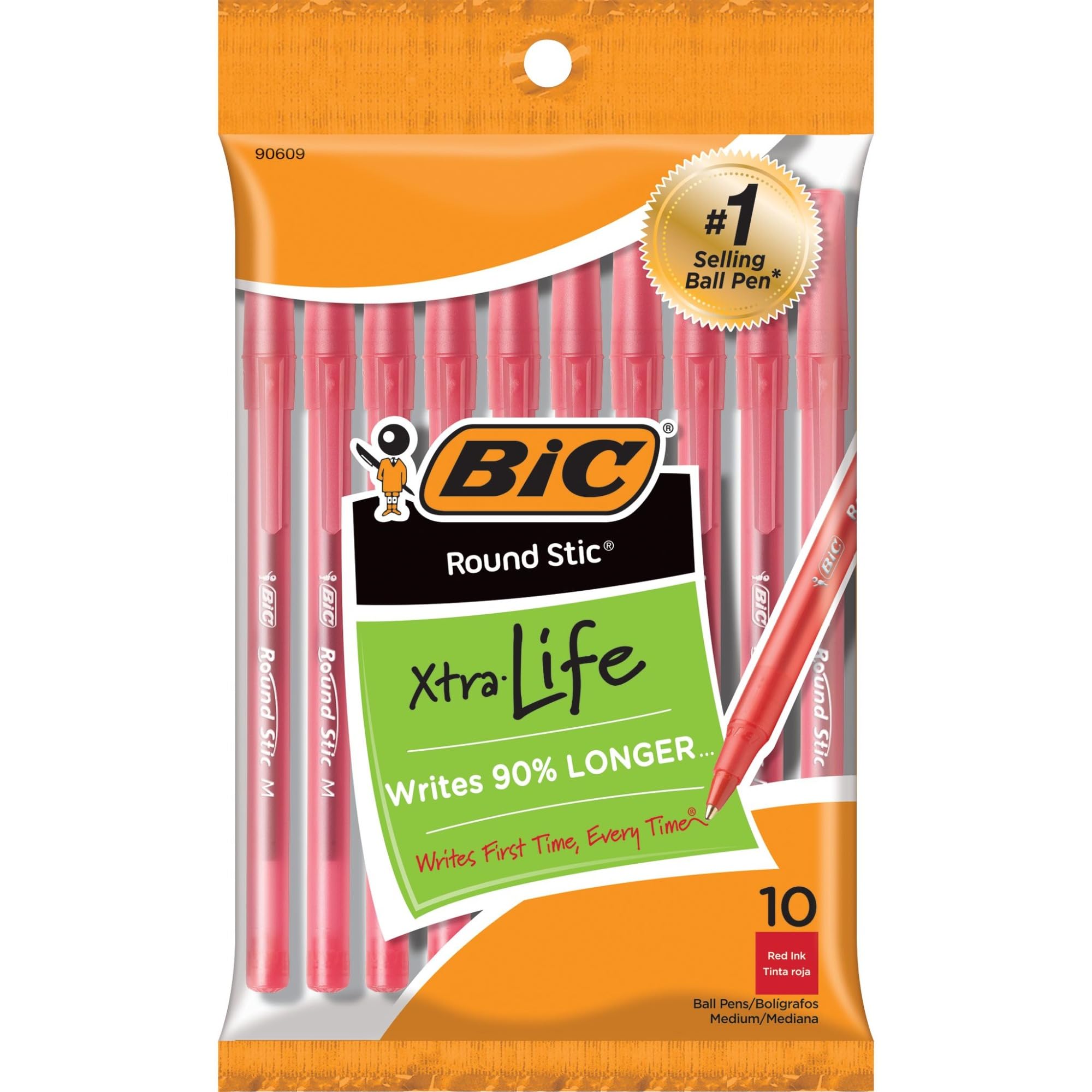 BIC Round Stic Xtra Life Red Ballpoint Pens, Medium Point 1.0mm - 10-Pack Bulk Pens for Smooth Writing | Comfortable Grip & Long-Lasting Ink | Perfect for Office, School & Home Use | #1 Best Selling Ballpoint Pens