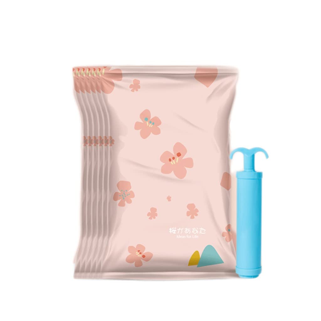 Vacuum Storage Bags for Clothes - 6-Pack Small Space Saver Bags with Hand Pump | Compact Travel & Seasonal Closet Organization | Pink Compression Bags for Blankets, Jackets & Bedding