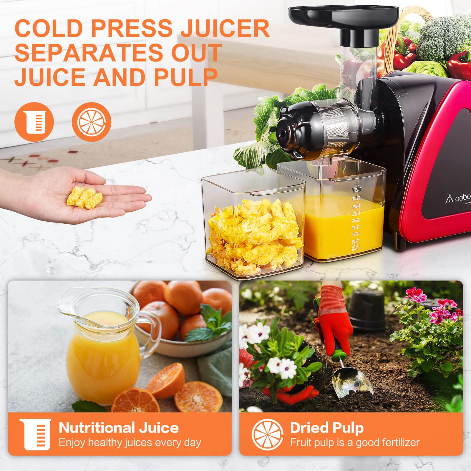Aobosi Slow Masticating Juicer - Cold Press Juicer Machine with Reverse Function, Quiet Motor & High Juice Yield - Includes Juice Jug & Cleaning Brush - Perfect for Healthy Juicing at Home, Office or Gym