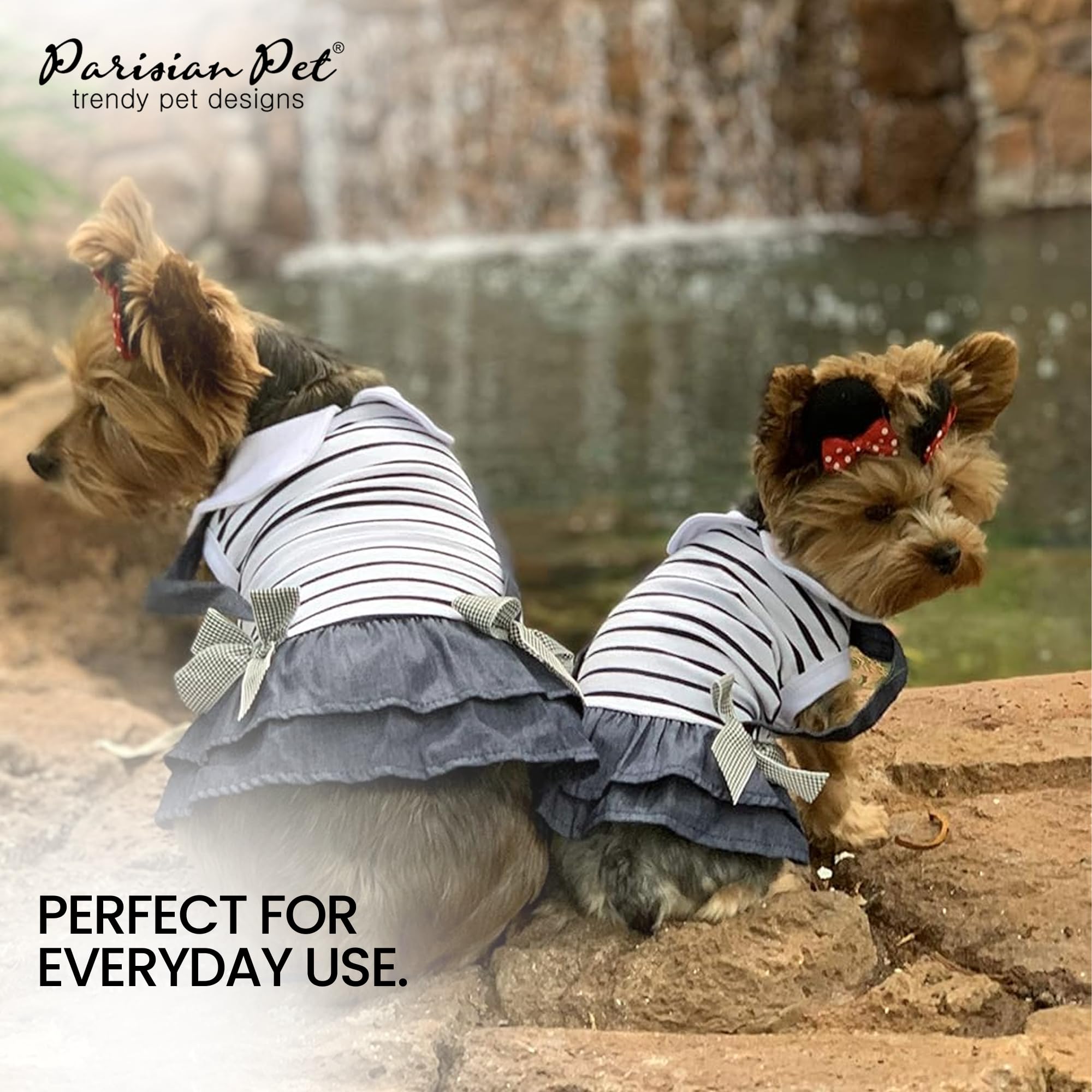 Parisian Pet Dog Dress - Preppy Girl Dog Clothes - Stylish Chambray Skirt Summer Outfit for Small Dogs - Lightweight Sleeveless Dog Overall Dress - Perfect for Parties, Walks & Photo Shoots