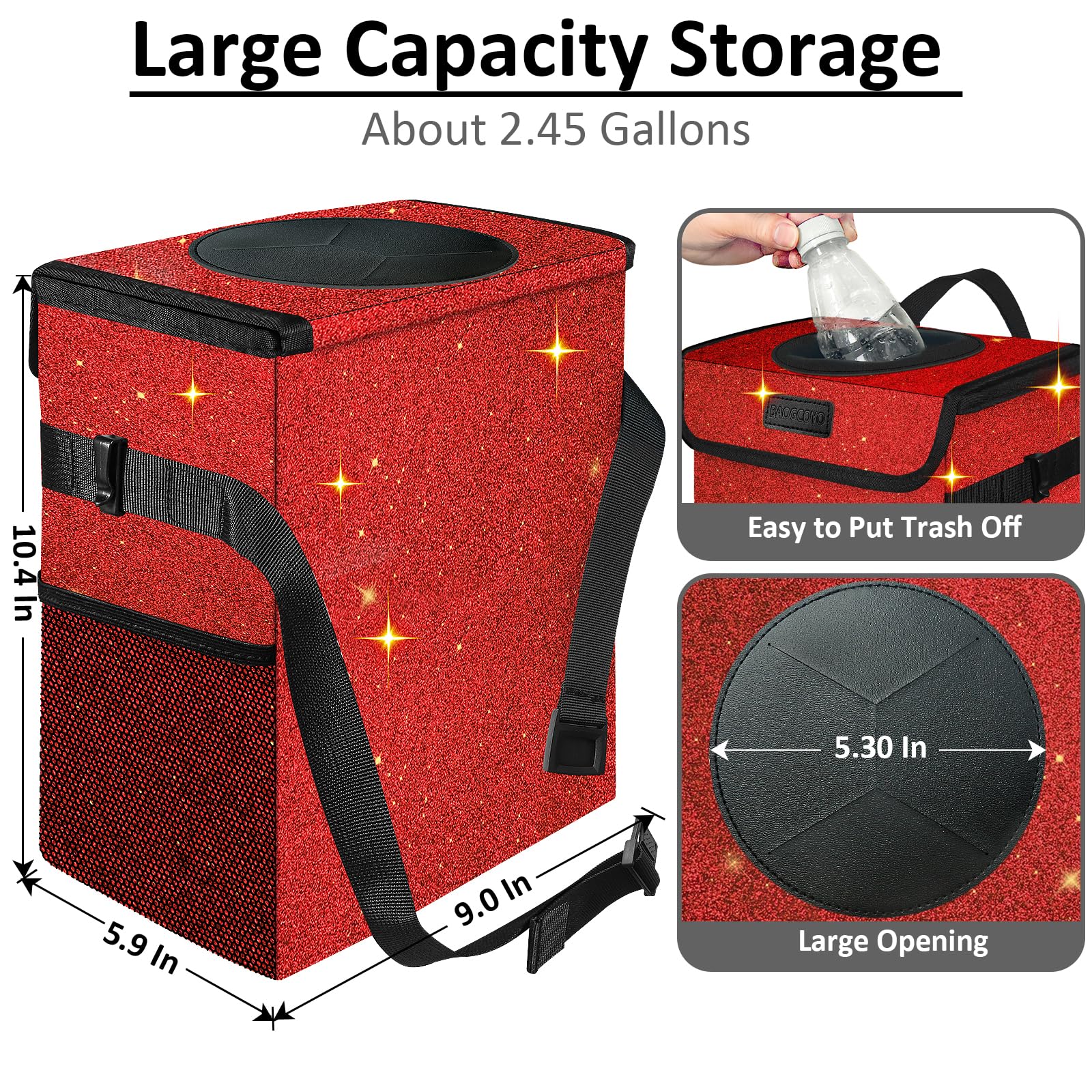 2.5 Gallon Sparkly Red Car Trash Can with Lid - Waterproof & Leakproof Hanging Garbage Bin for Front/Back Seat & Console | Cute Mini Car Trash Bag for Road Trips, Commuting & Family Travel