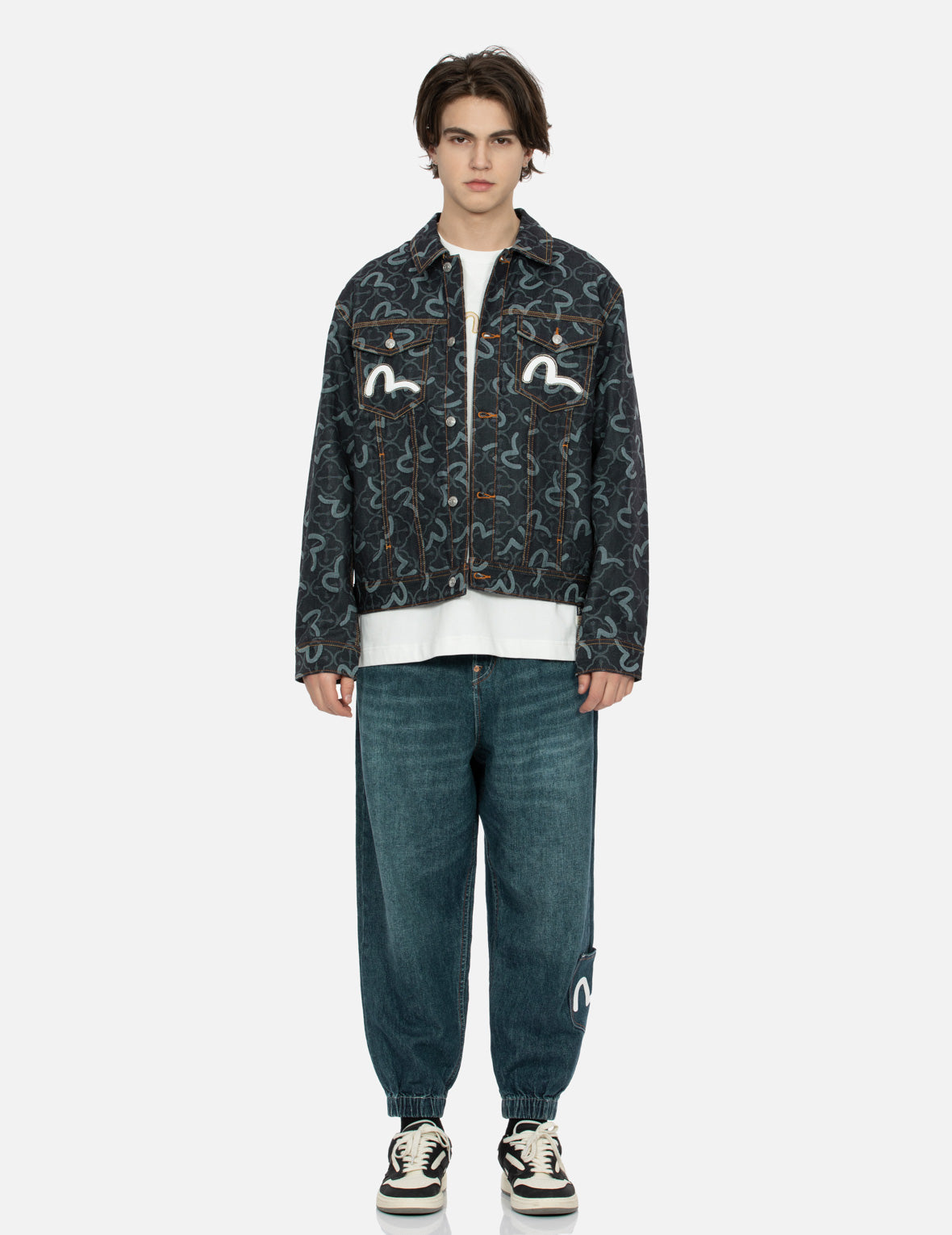 Vintage Allover Seagull & Kamon Jacquard Relaxed Fit Denim Jacket for Men & Women | Casual Streetwear, Spring Fall Layering, Retro Fashion Outfit