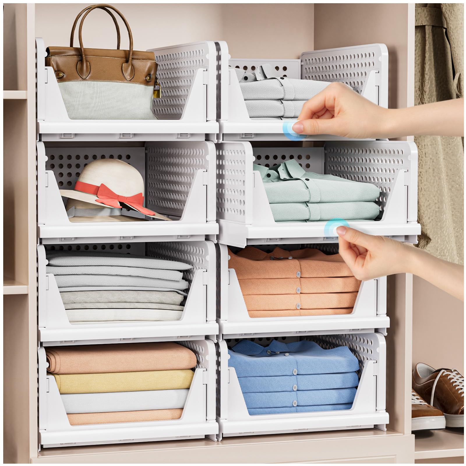 5 Pack Stackable Closet Organizer Boxes - Foldable Plastic Storage Bins & Baskets for Wardrobe, Cupboard, Kitchen, Bathroom & Office | Space-Saving Home Organization Solution for Clothes, Toys & Essentials (White)