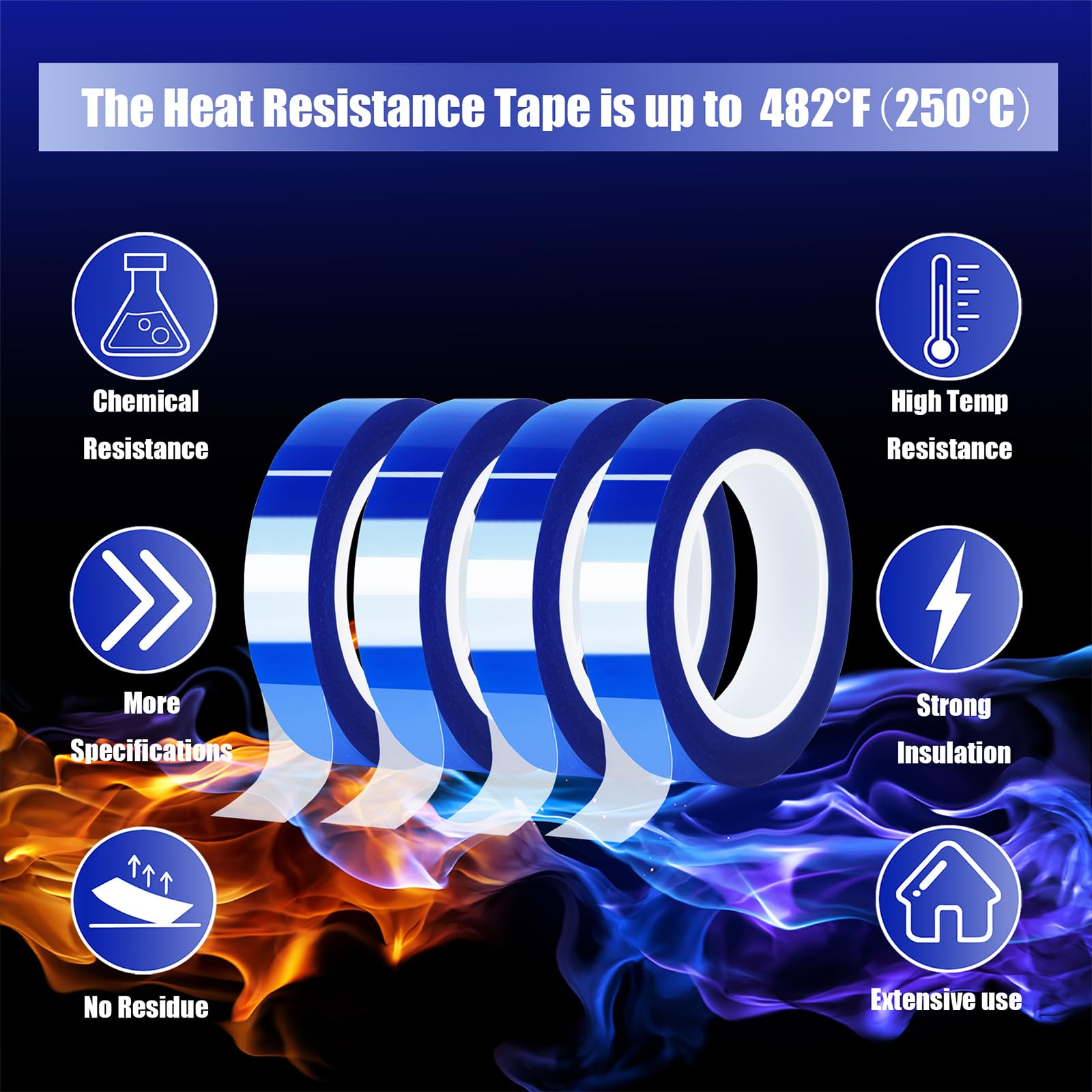 4 Rolls 10mm x 16m (52FT) High Temperature Heat Resistant Tape - Blue Heat Transfer Tape for Sublimation Press, Vinyl, No Residue - Perfect for T-Shirt Printing, DIY Crafts & Heat Press Projects
