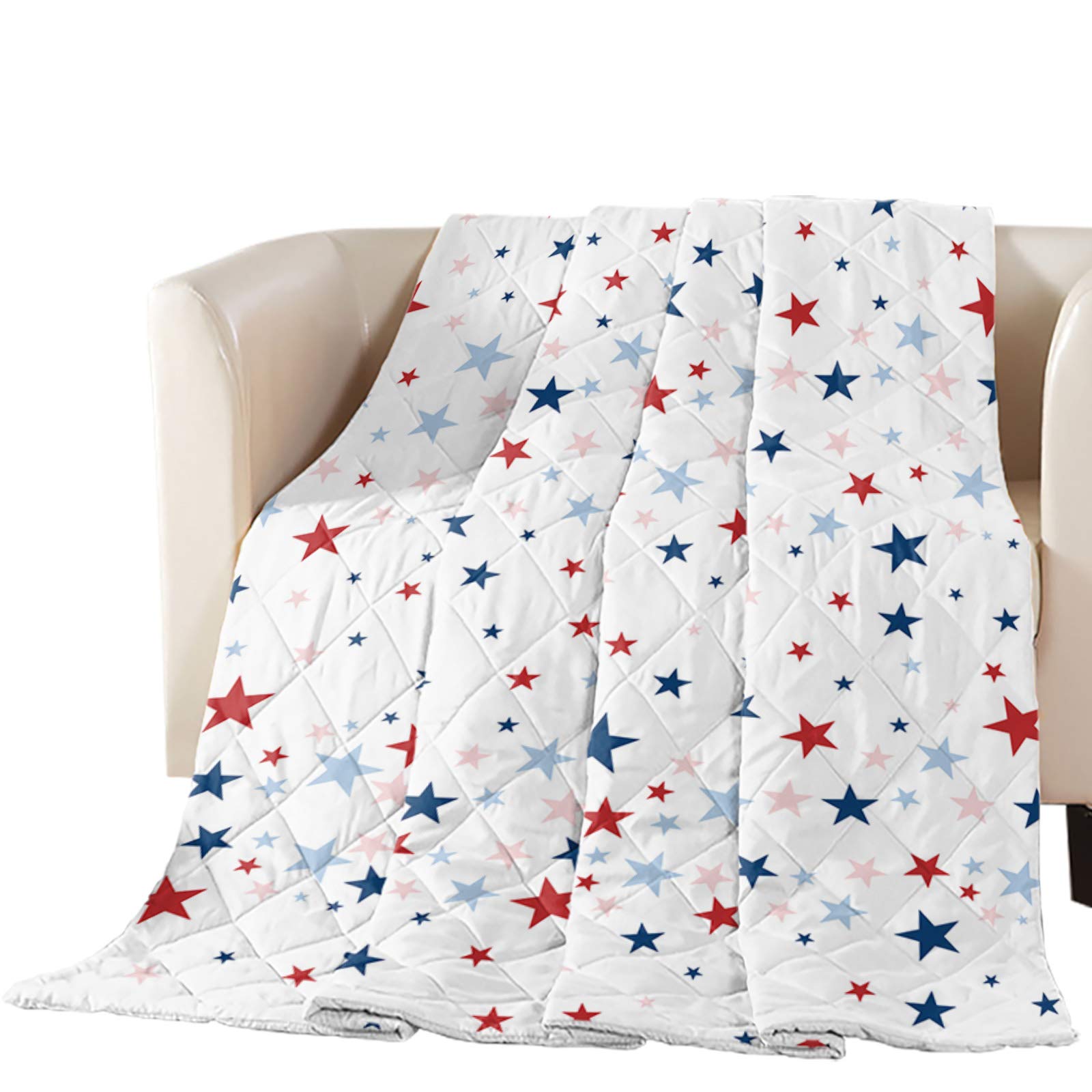 TweetyBed Cotton Quilted Comforter - Red & Blue Stars Quilted Throw Blanket, Soft Breathable Bedspread, Patriotic American Flag Star Design, Lightweight All-Season King Size Coverlet - Perfect for Bedroom Decor, Sofa Throw, and Cozy Winter Nights