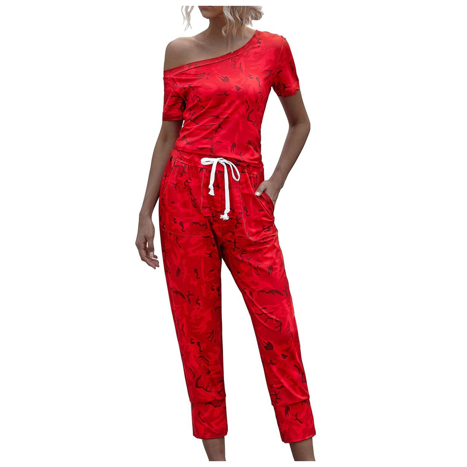 Women's High Waist Off Shoulder Jumpsuit - Short Sleeve Printed Romper with Drawstring Waist | Casual Round Neck Overalls for Summer Outings, Beach Vacations & Date Nights