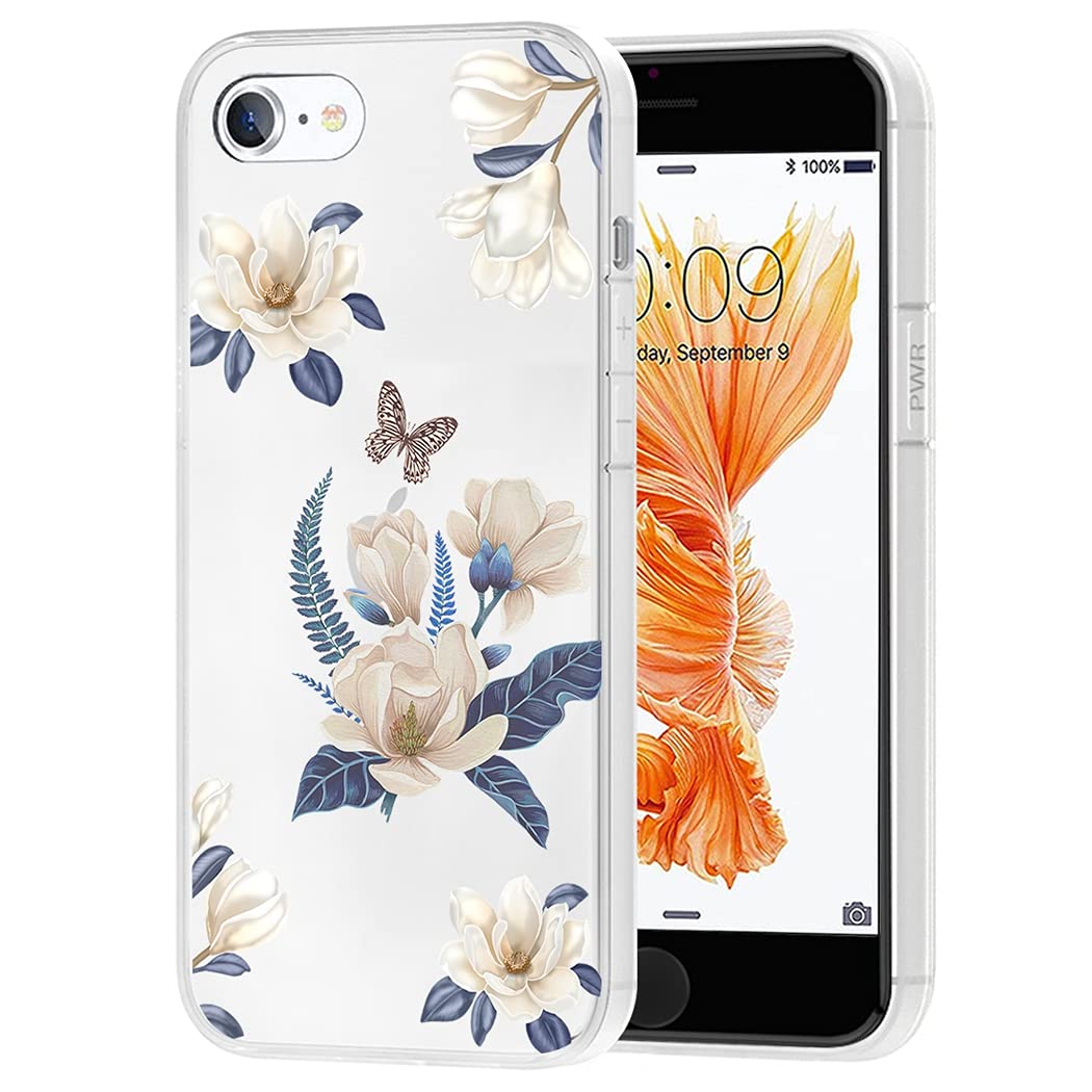 Premium Cute Clear Slim Shockproof iPhone 6/6S Case for Women - Soft Flexible TPU Rubber Protective Phone Cover with Floral Design (White Flower) - Perfect for Everyday Use, Work & Travel